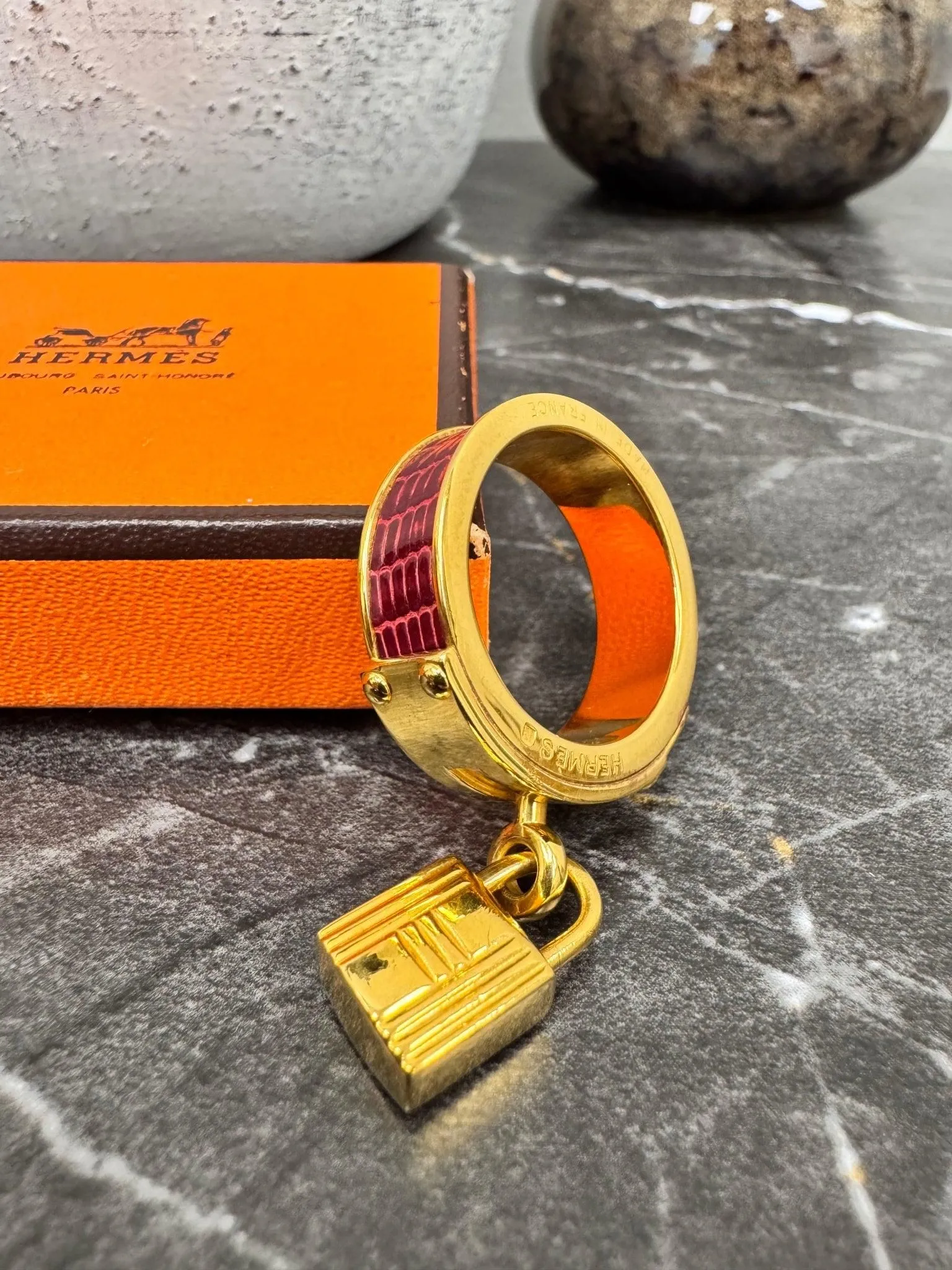 Hermes Gold And Burgundy Kelly Scarf Ring