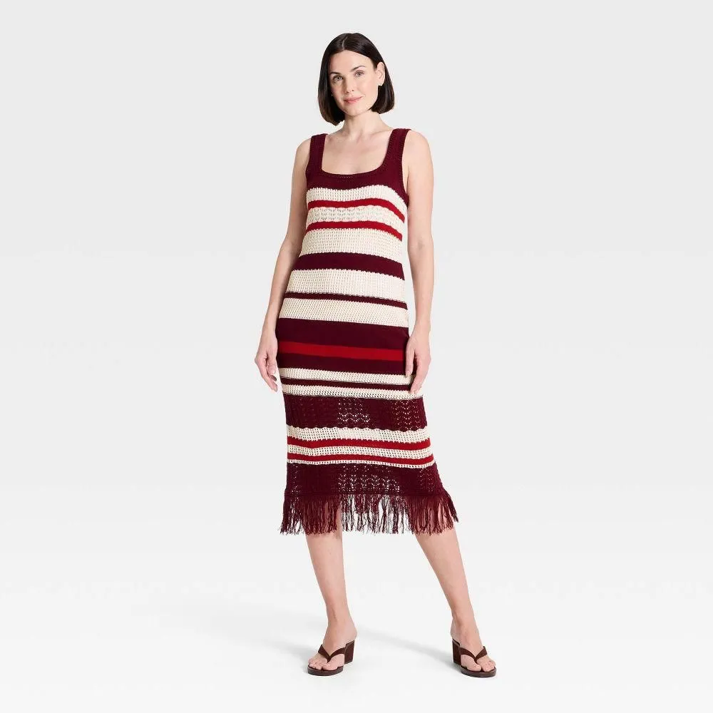 New without Tags - Size: M - Women's Bodycon Midi Fringe Sweater Dress - A New Day Burgundy Striped