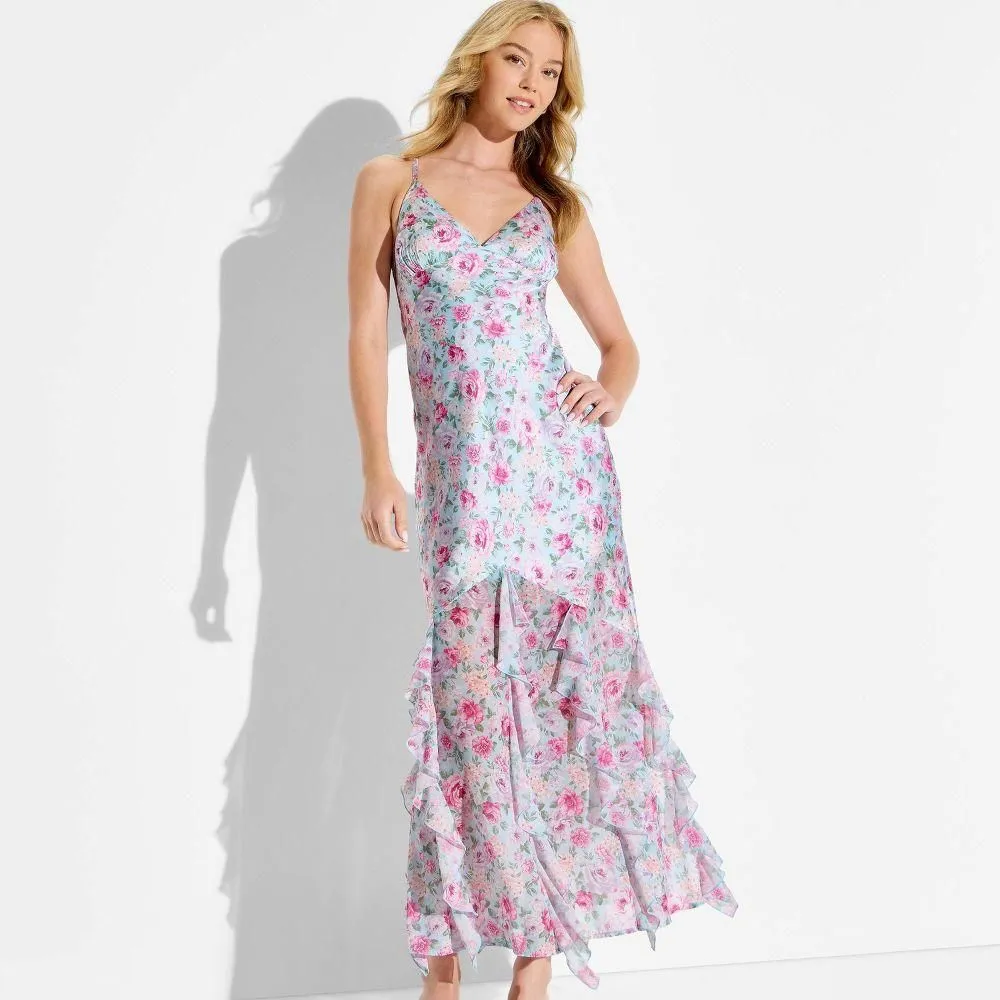 New without Tags - Women's Maxi Ruffle Hem Slip Dress - Wild Fable Pink Floral L