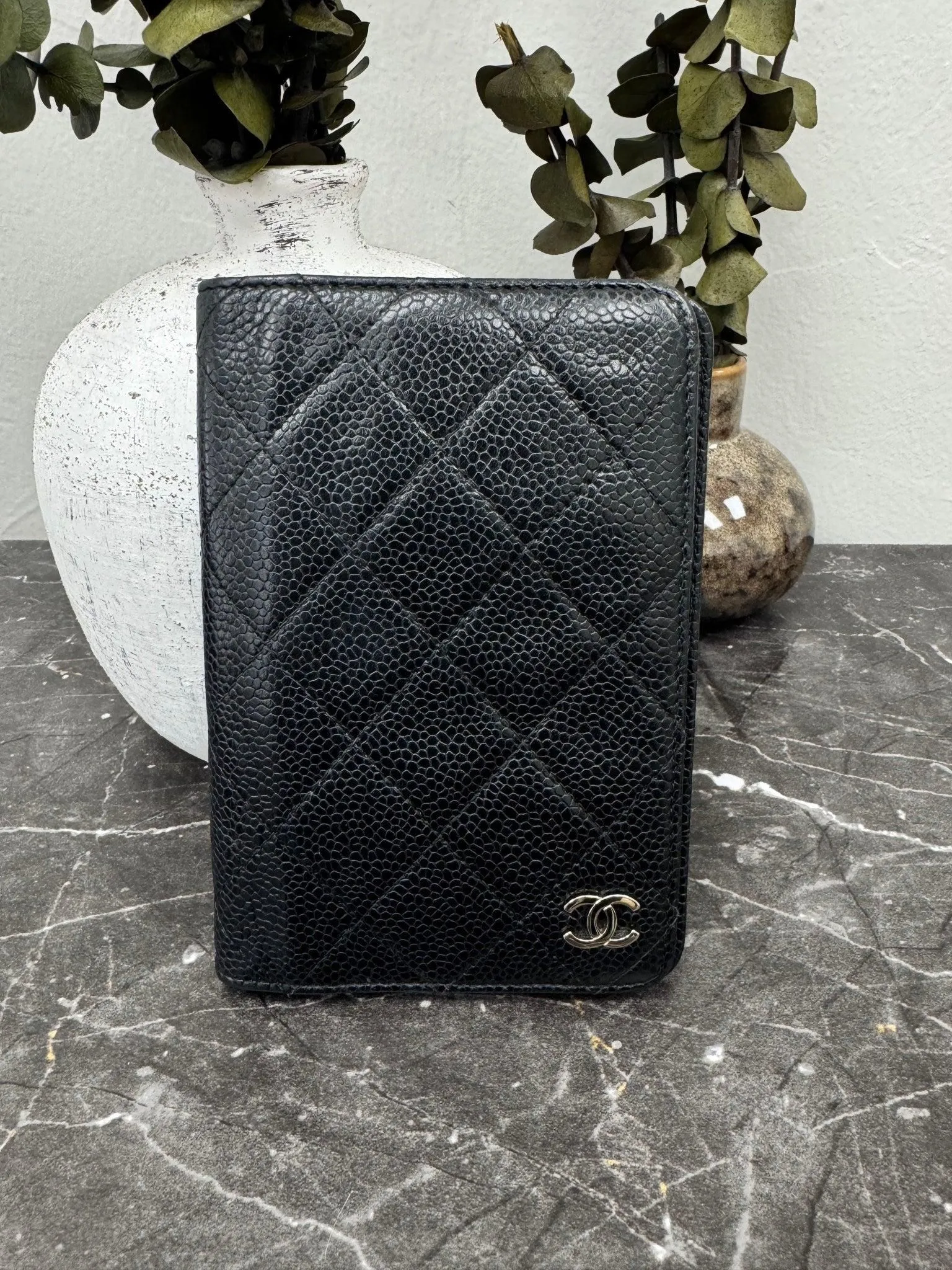 Chanel Black Diamond Quilted Caviar Passport Holder