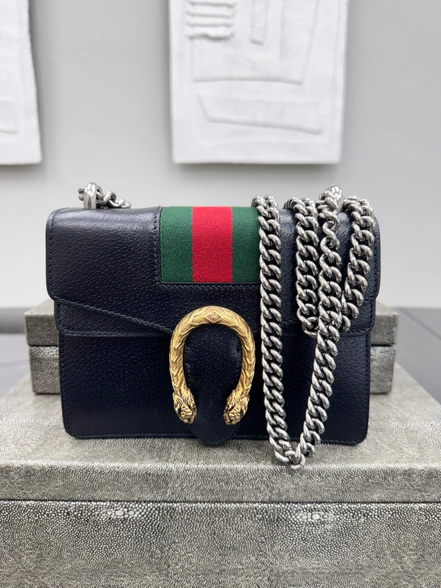 Gucci Black Leather Web Dionysus Mini Shoulder Bag