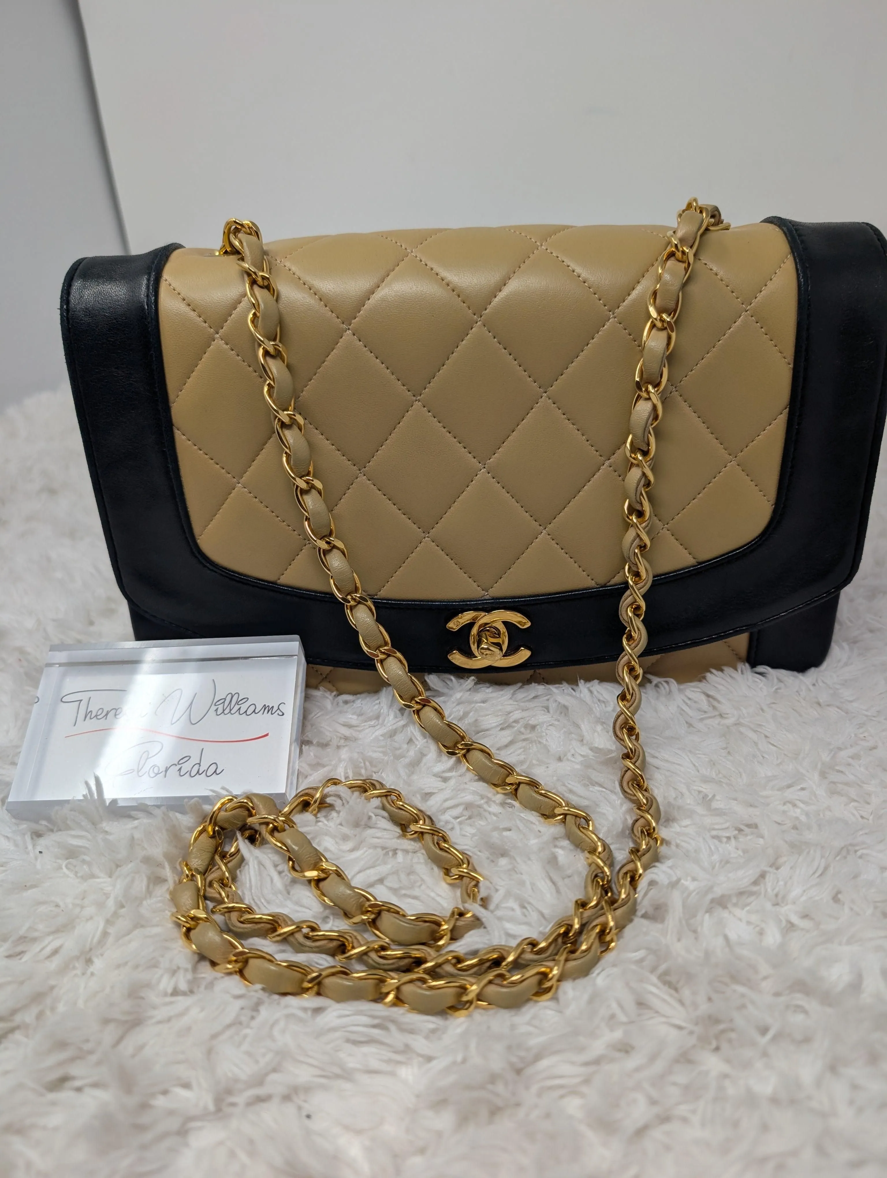 CHANEL DIANA, TWO TONE, BEIGE/BLACK, 24K HARDWARE, STUNNING