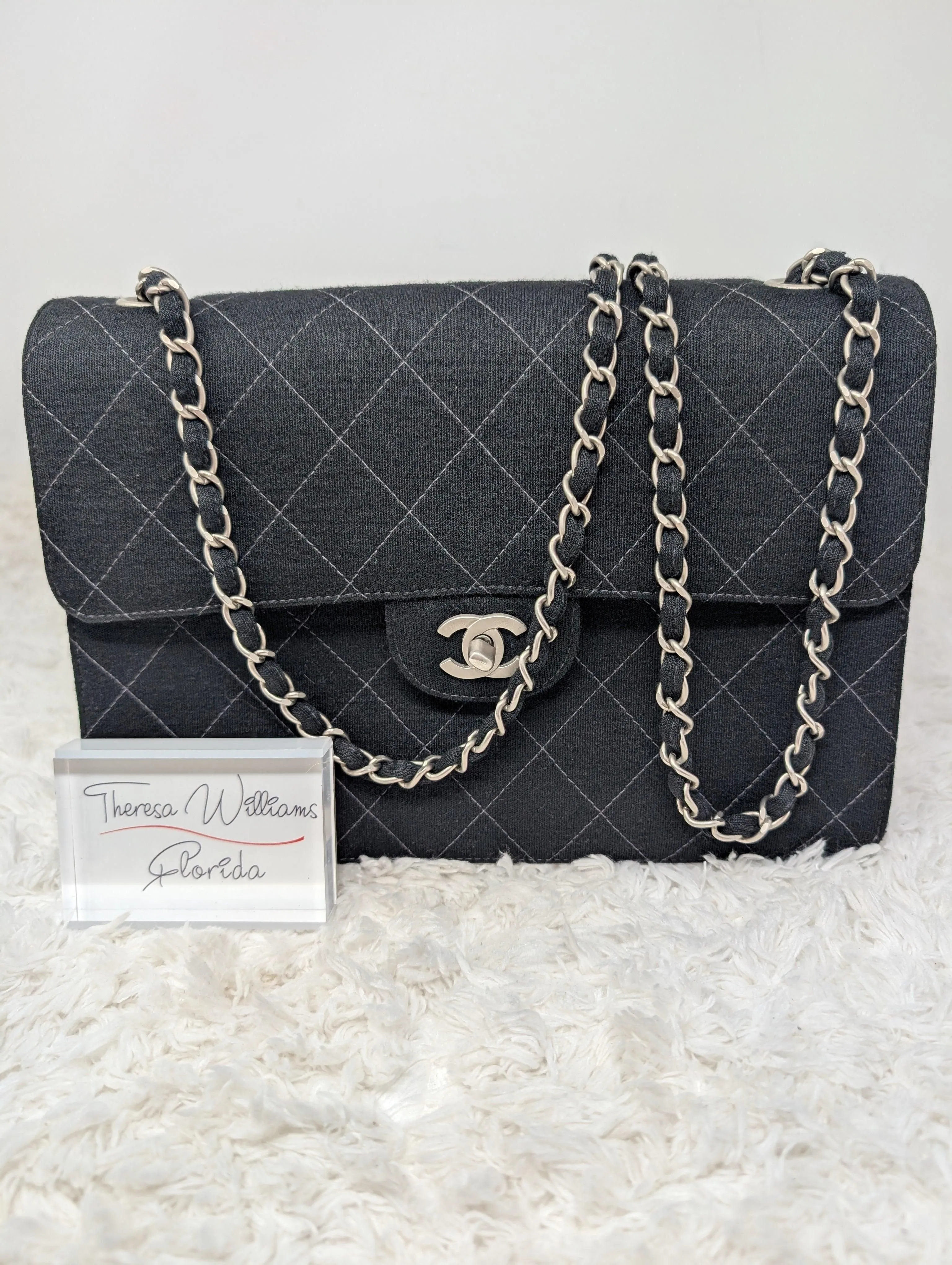 CHANEL BLACK JERSEY FLAP, EXCELLENT