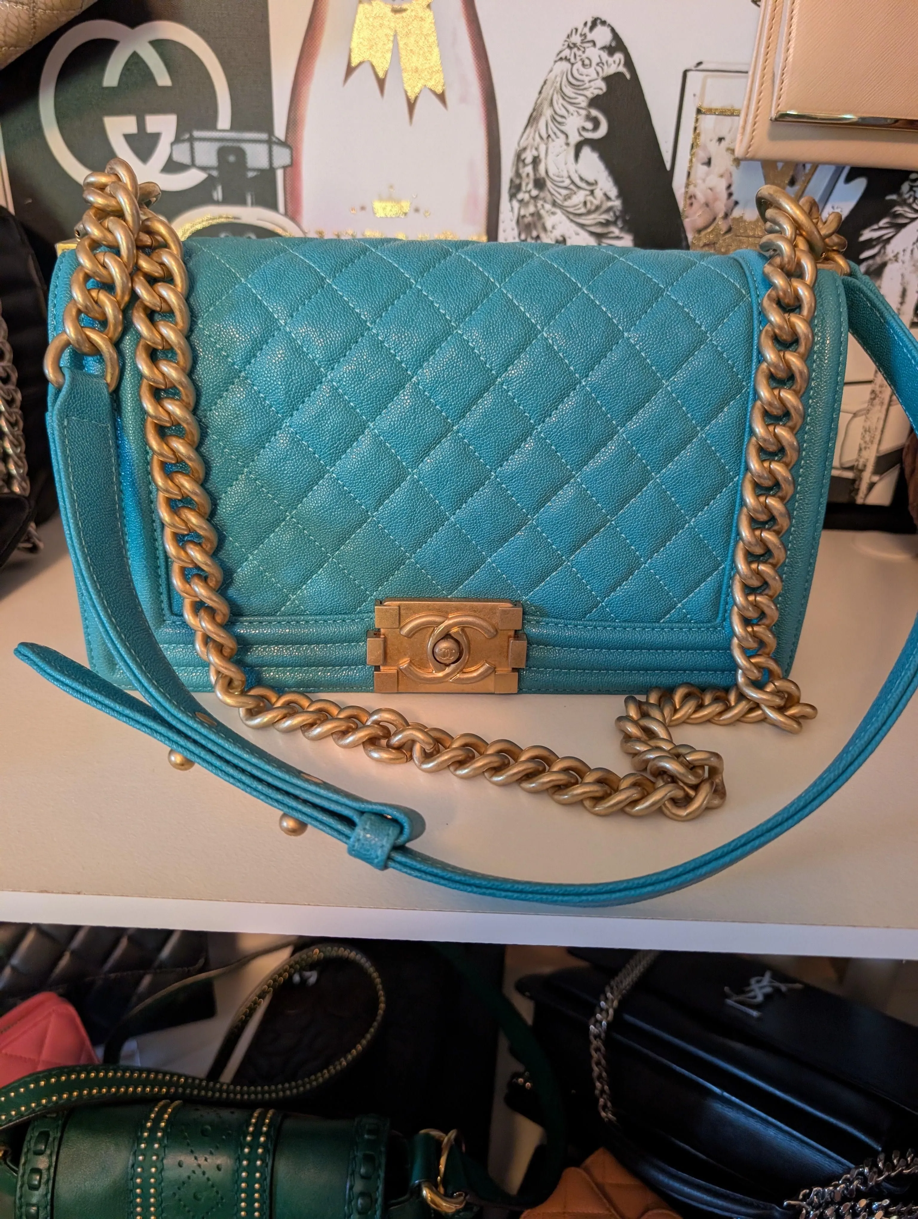 CHANEL CAVIAR TURQUOISE (BLUE/GREEN) OLD MEDIUM BOY BAG, MINT