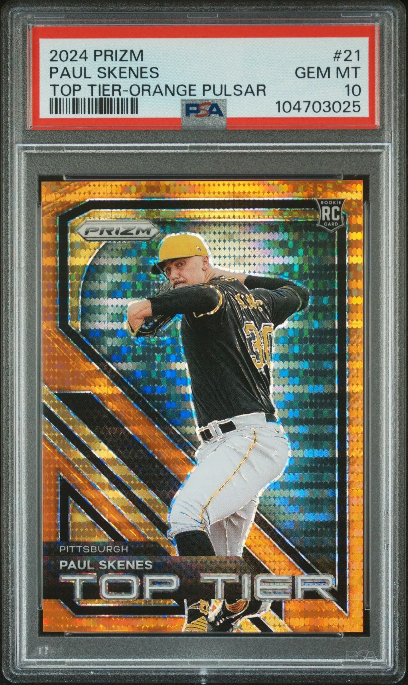 2024 Panini Prizm #21 Paul Skenes Top Tier Orange Pulsar Prizms PSA 10 #/399