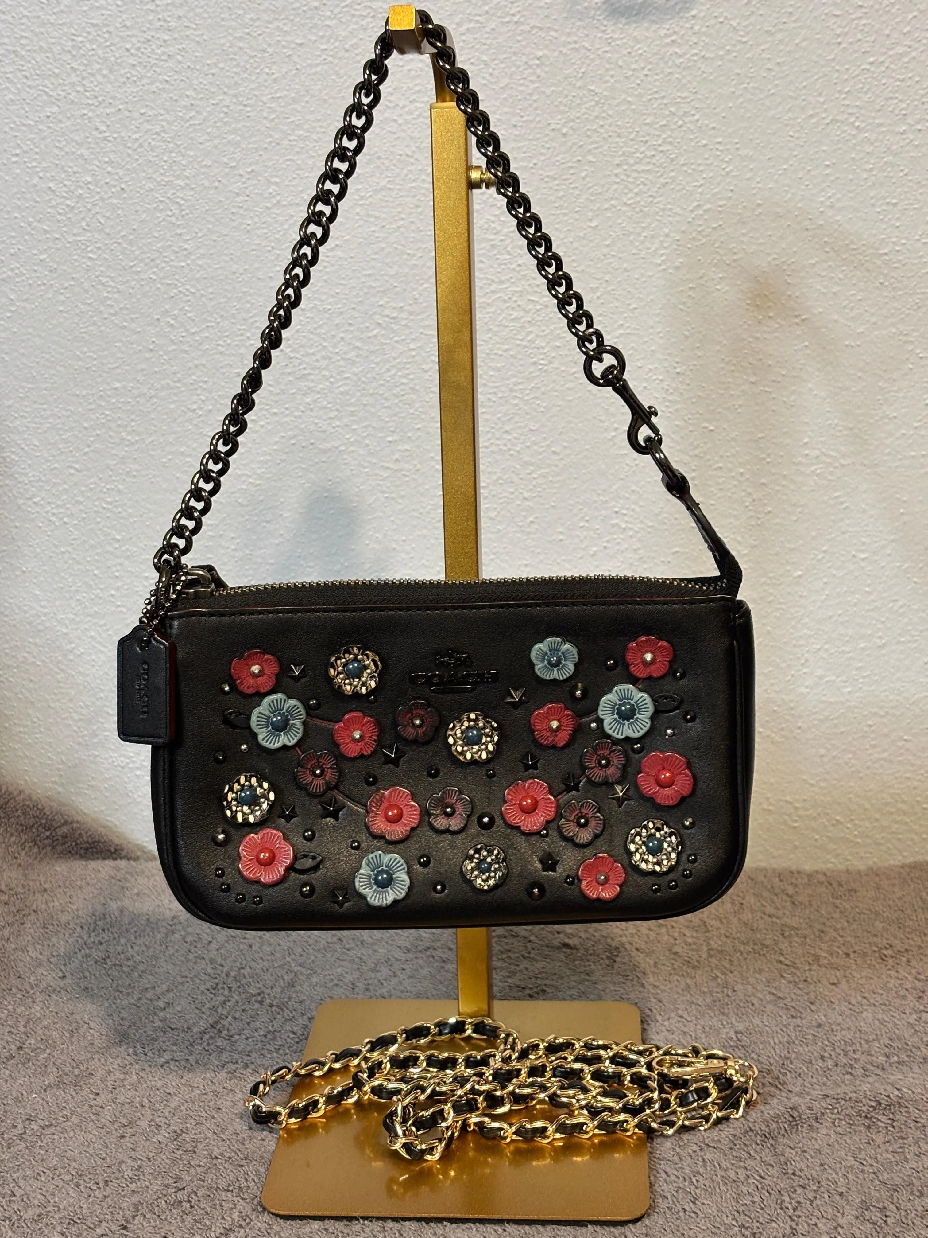 Coach Nolita 19 Black Glove Tanned Leather Tea Rose Flower Bag Gunmetal Chain Strap
