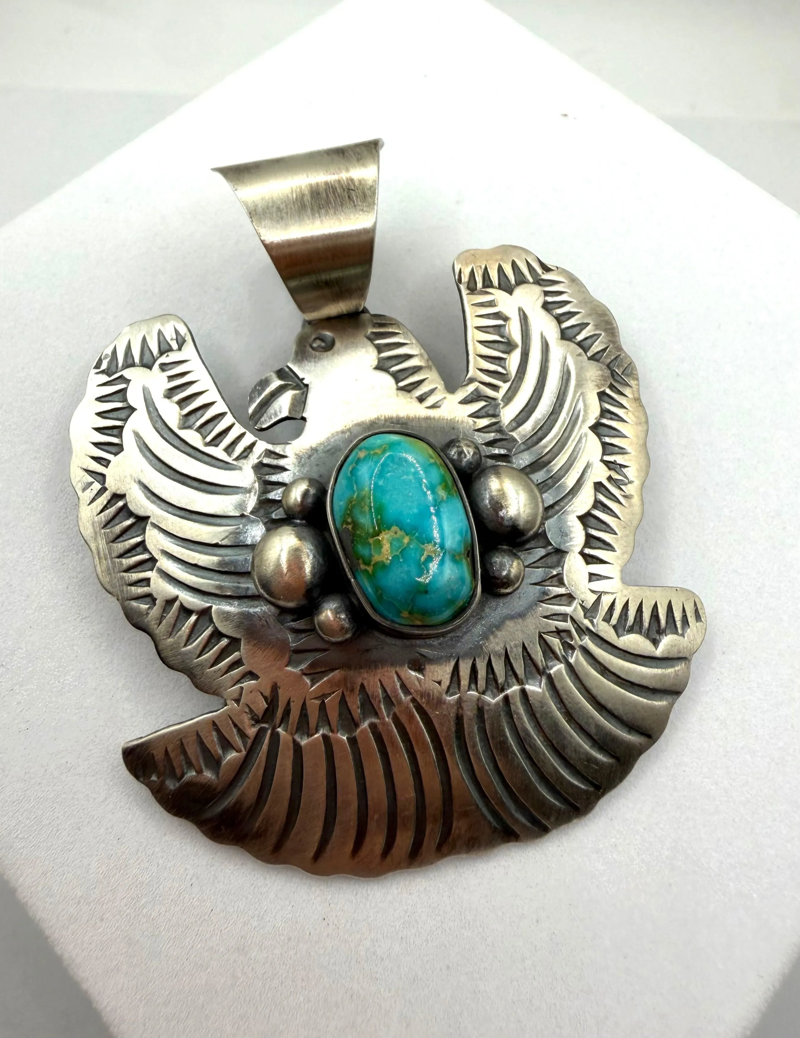 CHIMNEY BUTTE SONORAN GOLD TURQUOISE NATIVE HANDMADE SS THUNDERBIRD PENDANT 2.5" (NP 23)