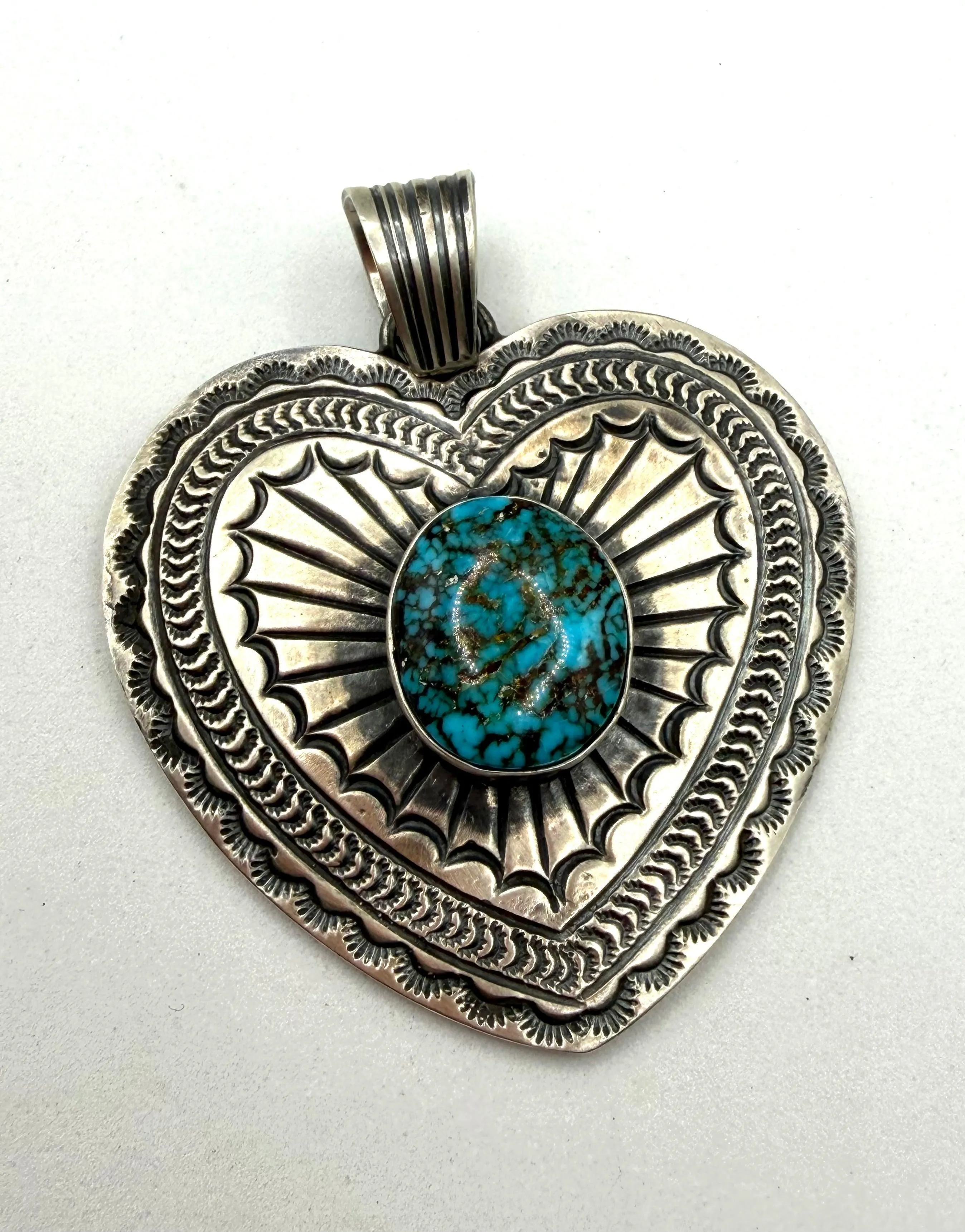 JUNE DELGARITO LANDER BLUE TURQUOISE SS HEART NATIVE HANDMADE PENDANT 2.5" (NP 24)