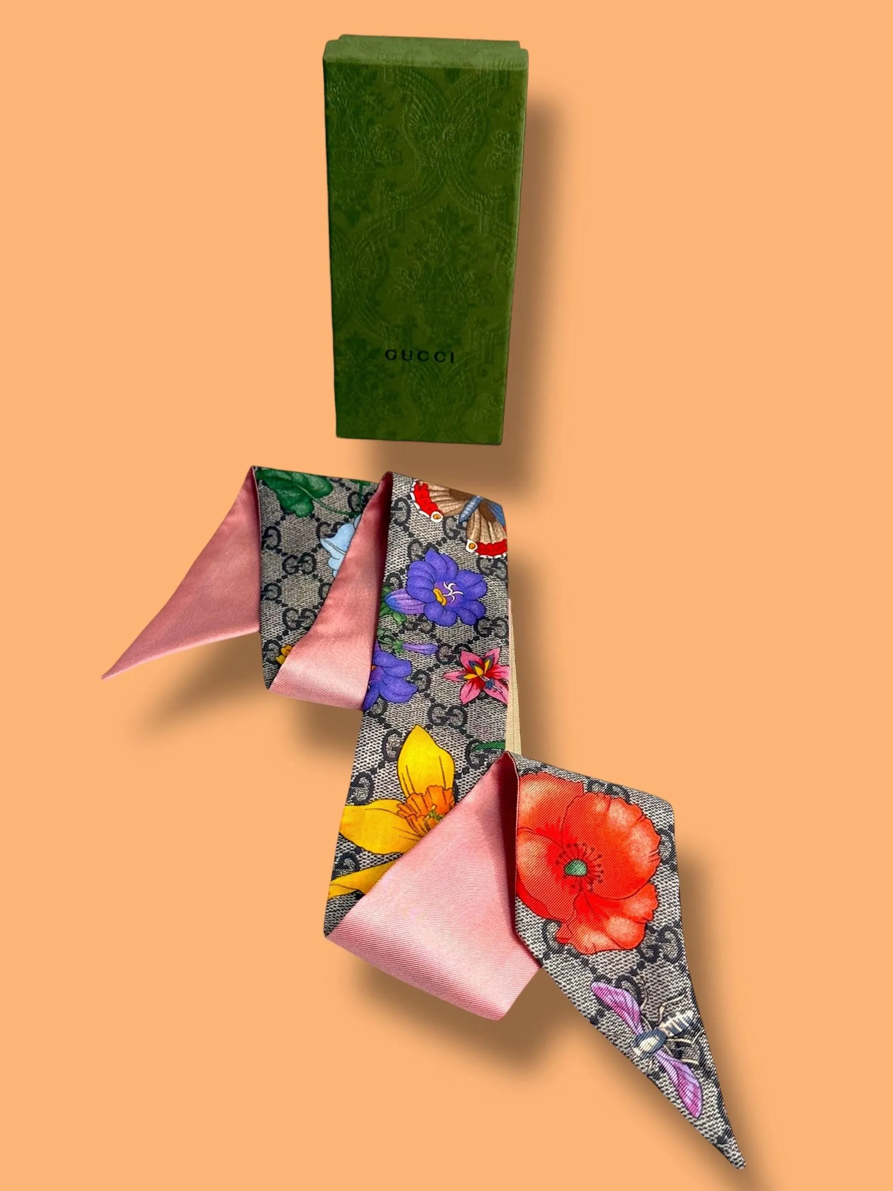J447 GUCCI GG Blooms Silk Bandeau Scarf- Twilly with Box