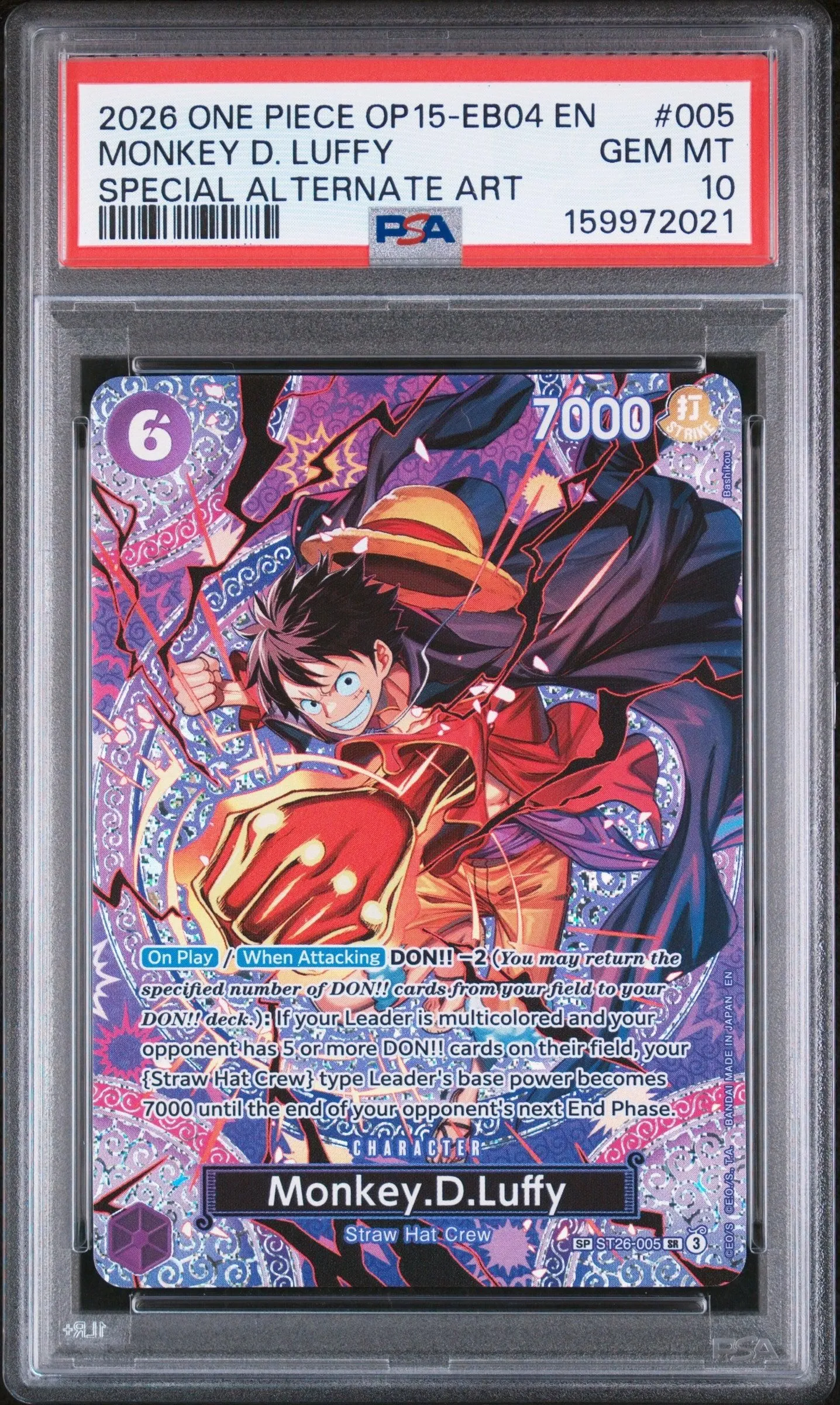PSA 10 MONKEY D. LUFFY SPECIAL ALTERNATE ART OP-15 005 ADVENTURE ON KAMI'S ISLAND ONE PIECE