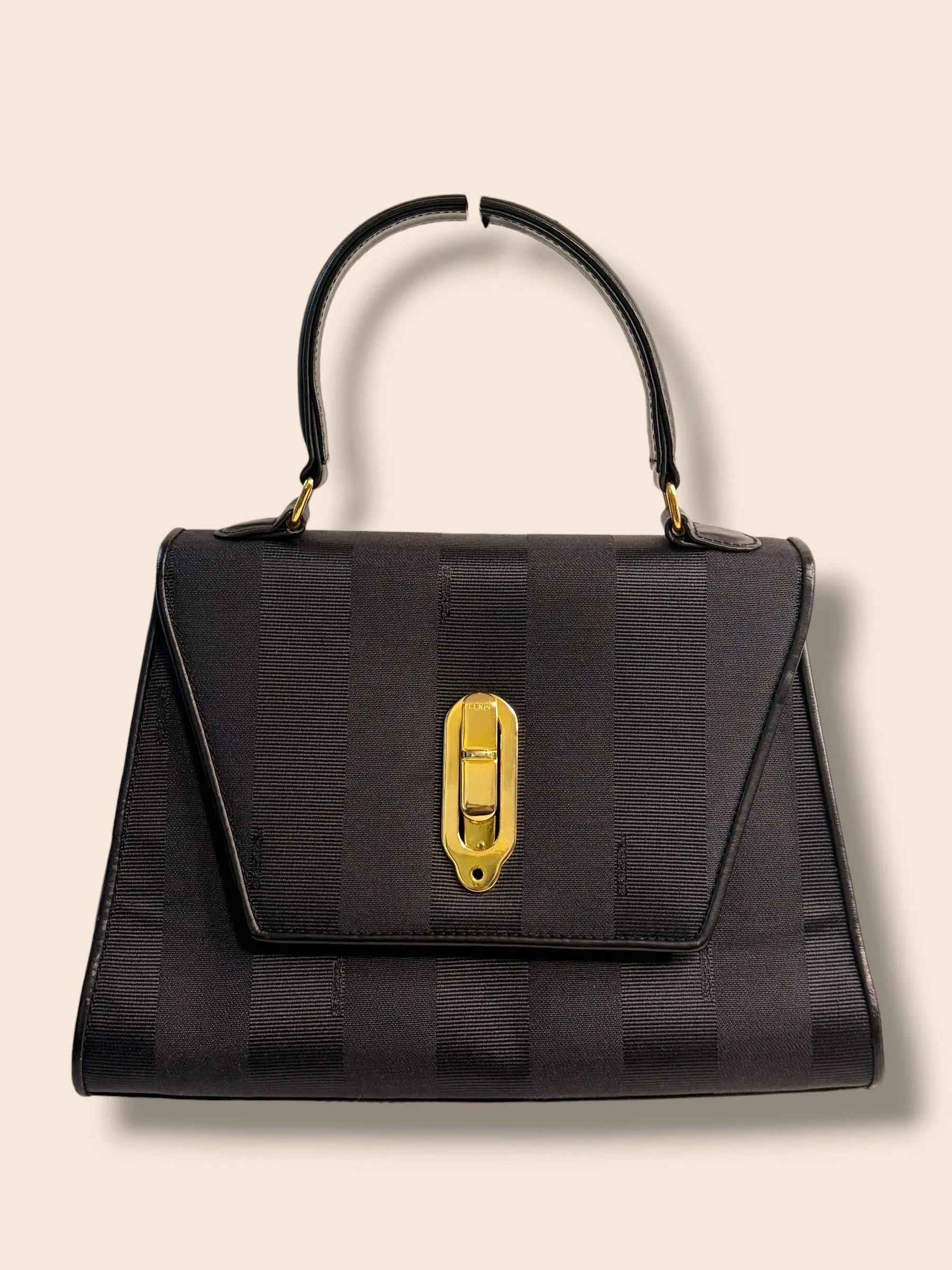 TBC202 FENDI Vintage Black Pequin Top Handle Kelly 2 way Bag