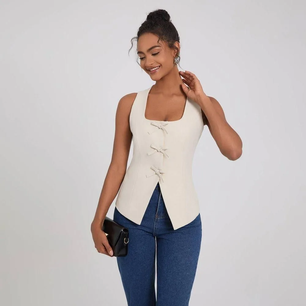 New without Tags - Size: M - Women's Square Neck Sleeveless Front Bow Tie Closure Vest Top - A