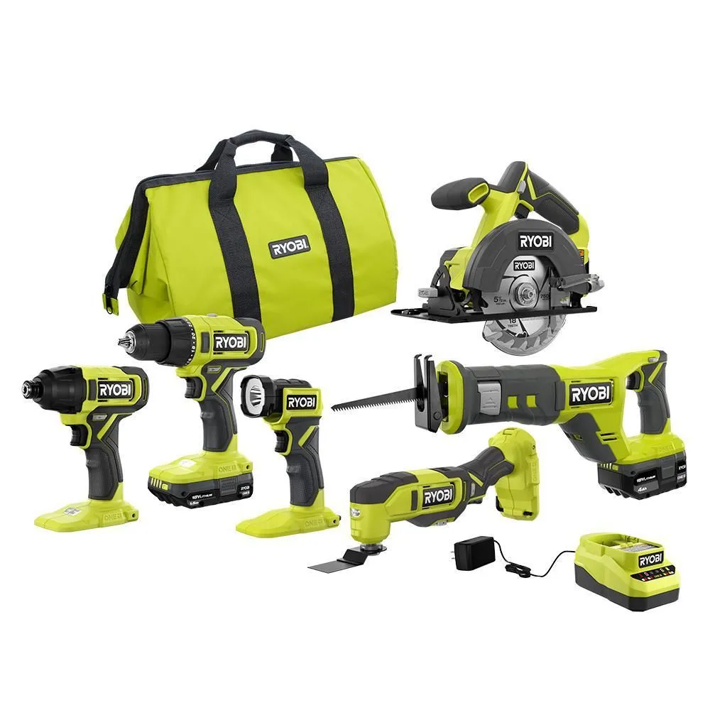 RYOBI ONE+ 18V Cordless 6-Tool Combo Kit with 1.5 Ah Battery, 4.0
