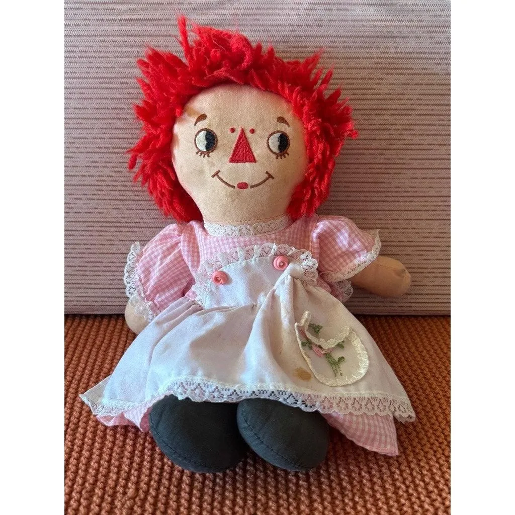 T20. Raggedy Ann Style Playmates Cloth Doll — 11" Pink Gingham, Hong Kong