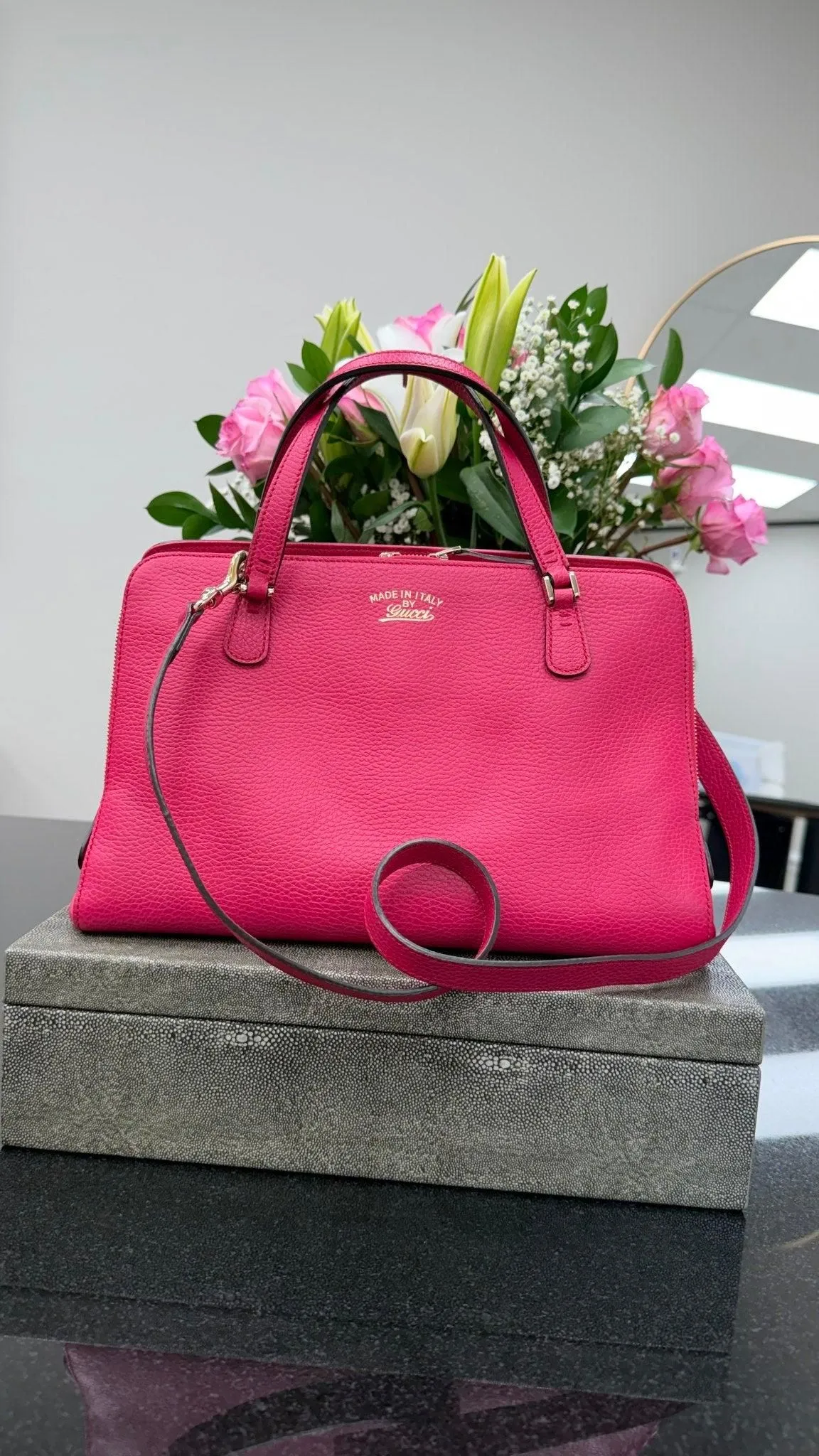 Gucci Pink Pebbled Leather Medium Swing 2Way Tote
