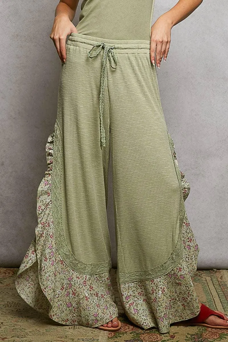 Floral Pattern Ruffle Detail Ribbed Knit Pants
