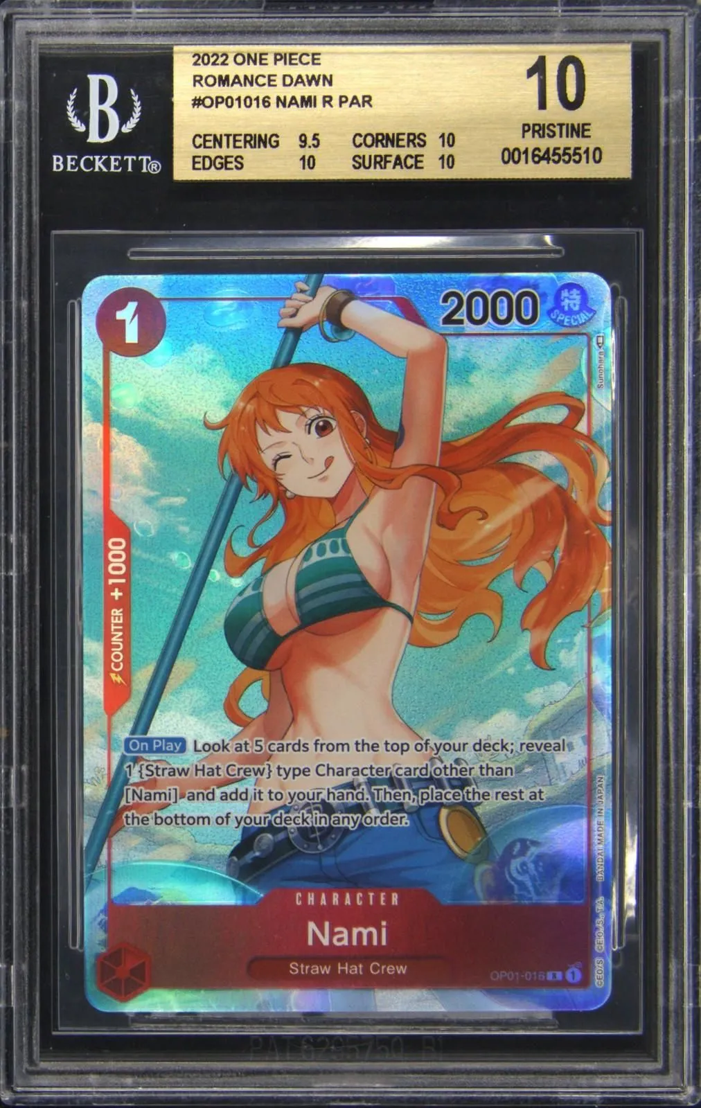 2022 One Piece OP01 Nami Alt Art Alpha PRE-ERRATA BGS Pristine 10 Gold Label