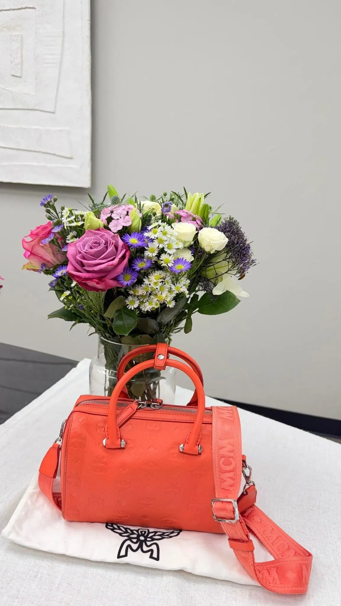 MCM Coral Visetos Leather Boston Bag