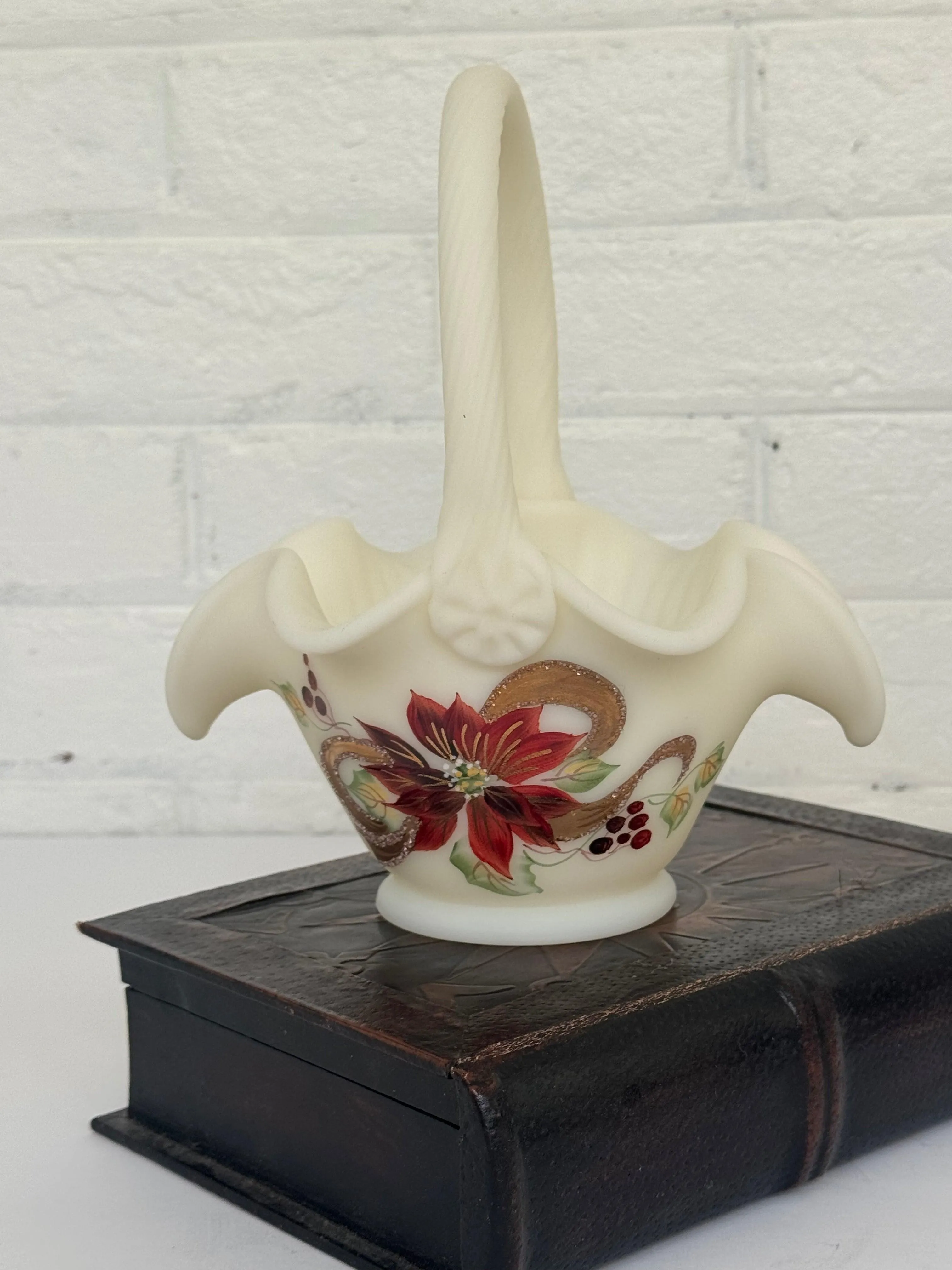 Vintage Fenton White Custard Glass Christmas Basket with Hand-Painted Poinsettia Design by S. Smith