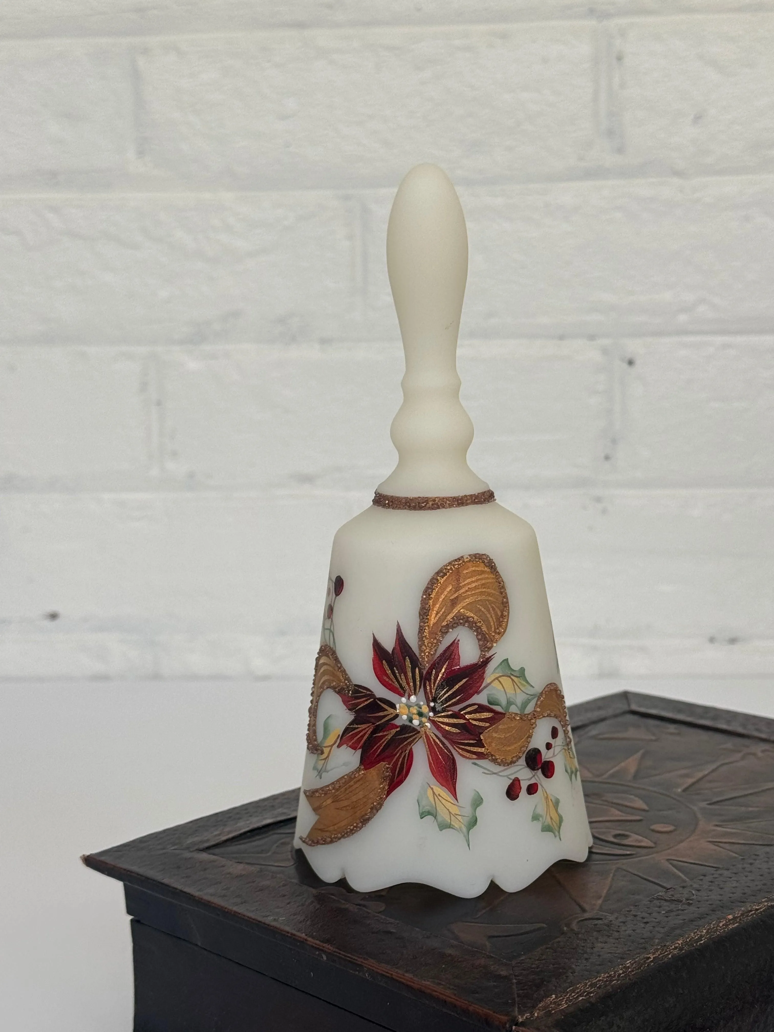 Vintage Fenton White Custard Glass Christmas Bell with Hand-Painted Poinsettia Design by A. Meeks