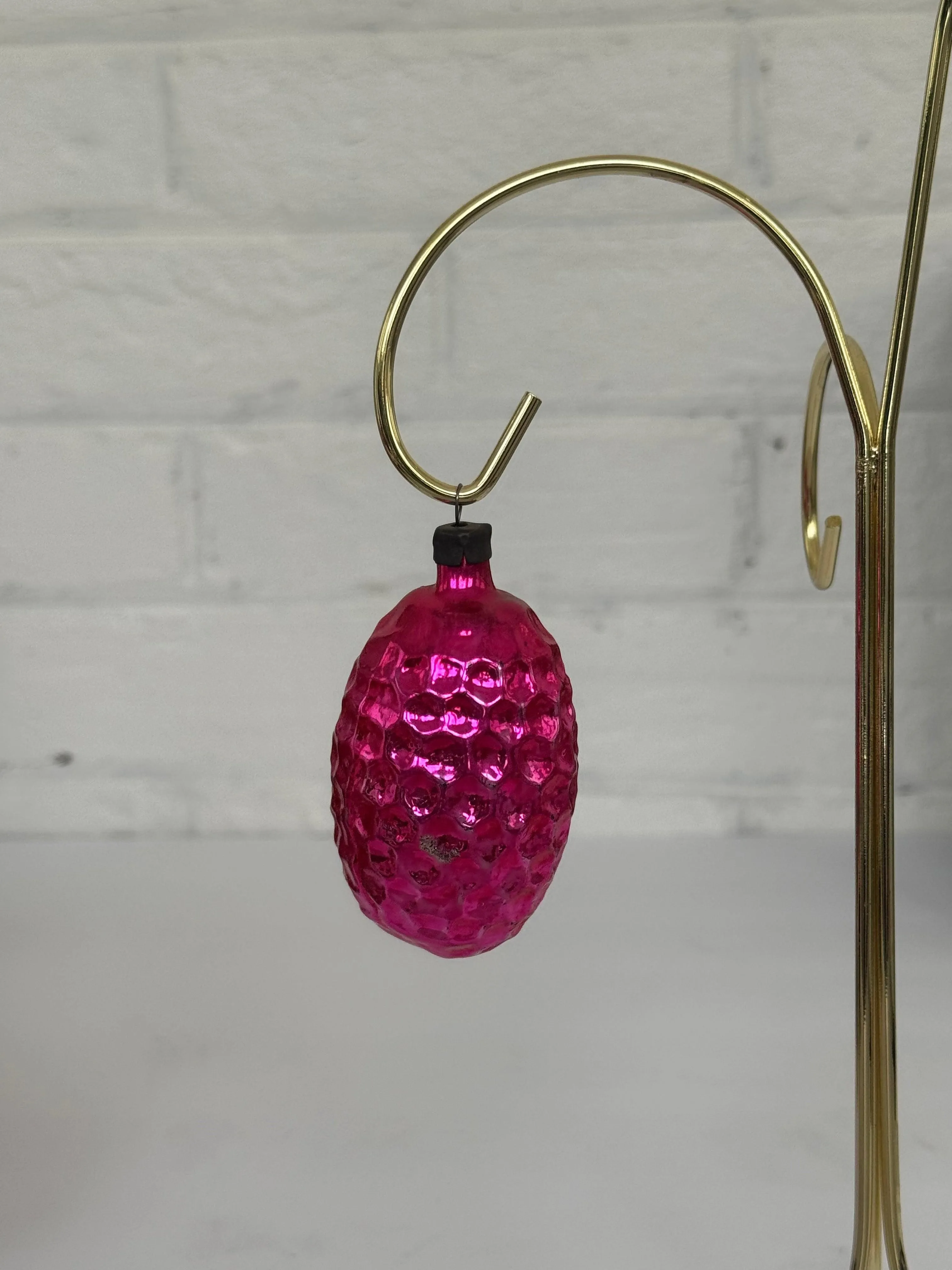 Vintage USSR Blown Glass Hot Pink Fruit or Nut Shaped Christmas Ornament