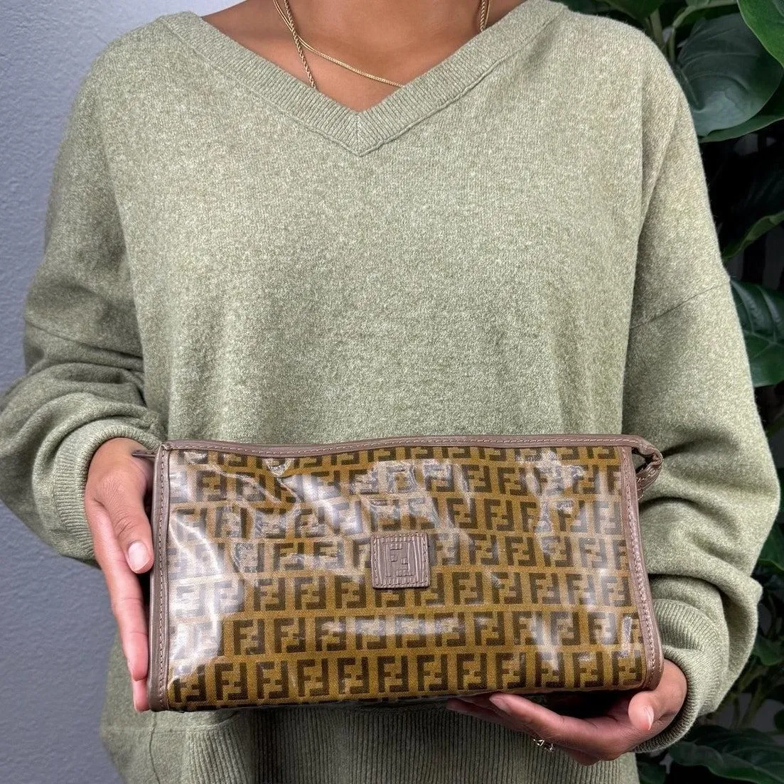 Authentic Fendi Zucchino Clutch Bag Brown Vintage - Certificate of Authenticity Included