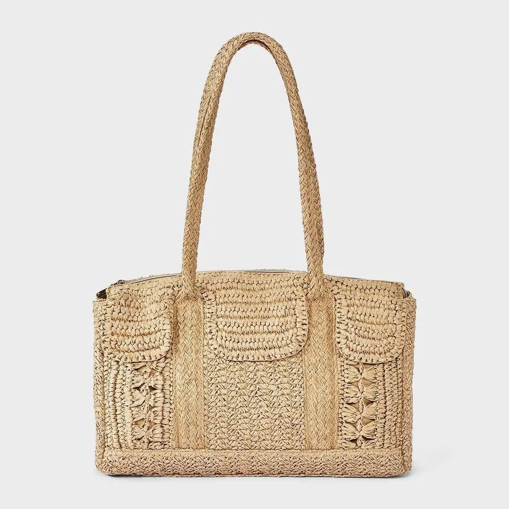 New Without Tags - Size: 16 Inches - Straw Satchel Tote Bag - A New Day Natural