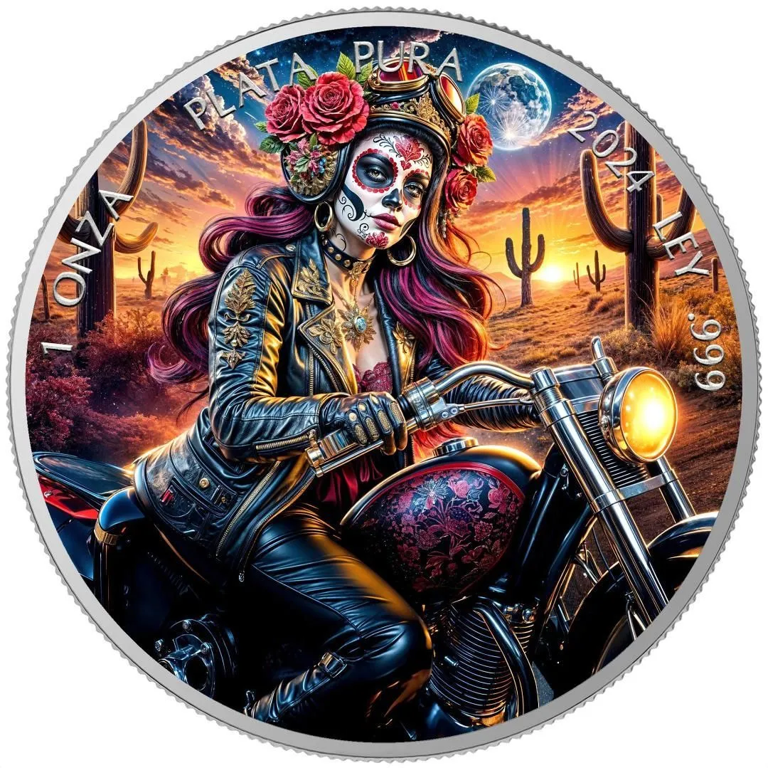 In Stock! Mexico 2024 Libertad - Dia De Los Muertos Biker Edition 1 oz Colorized Silver Art Coin (250 Mintage)