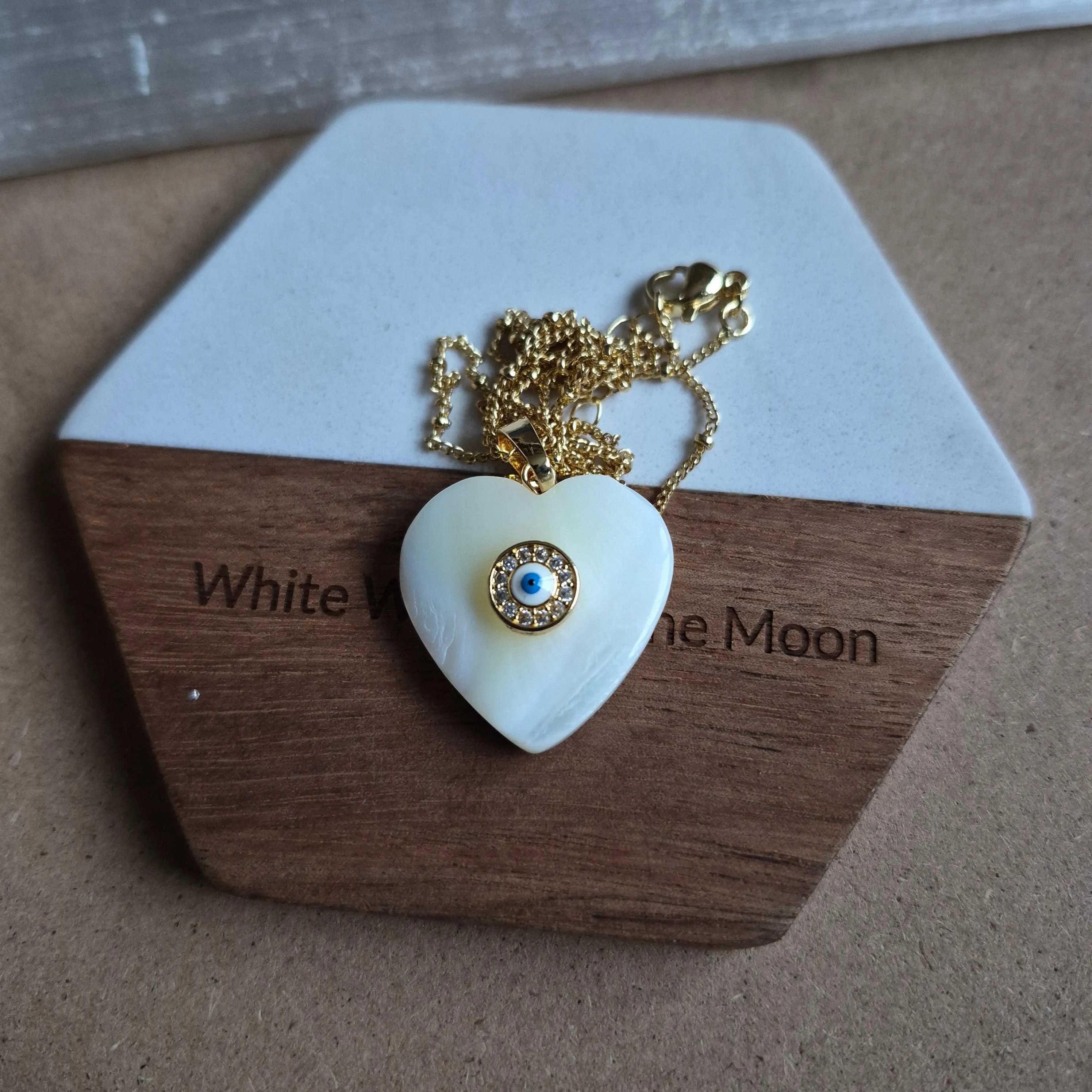 Mother of Pearl Heart Pendant: Evil Eye Protection Necklace