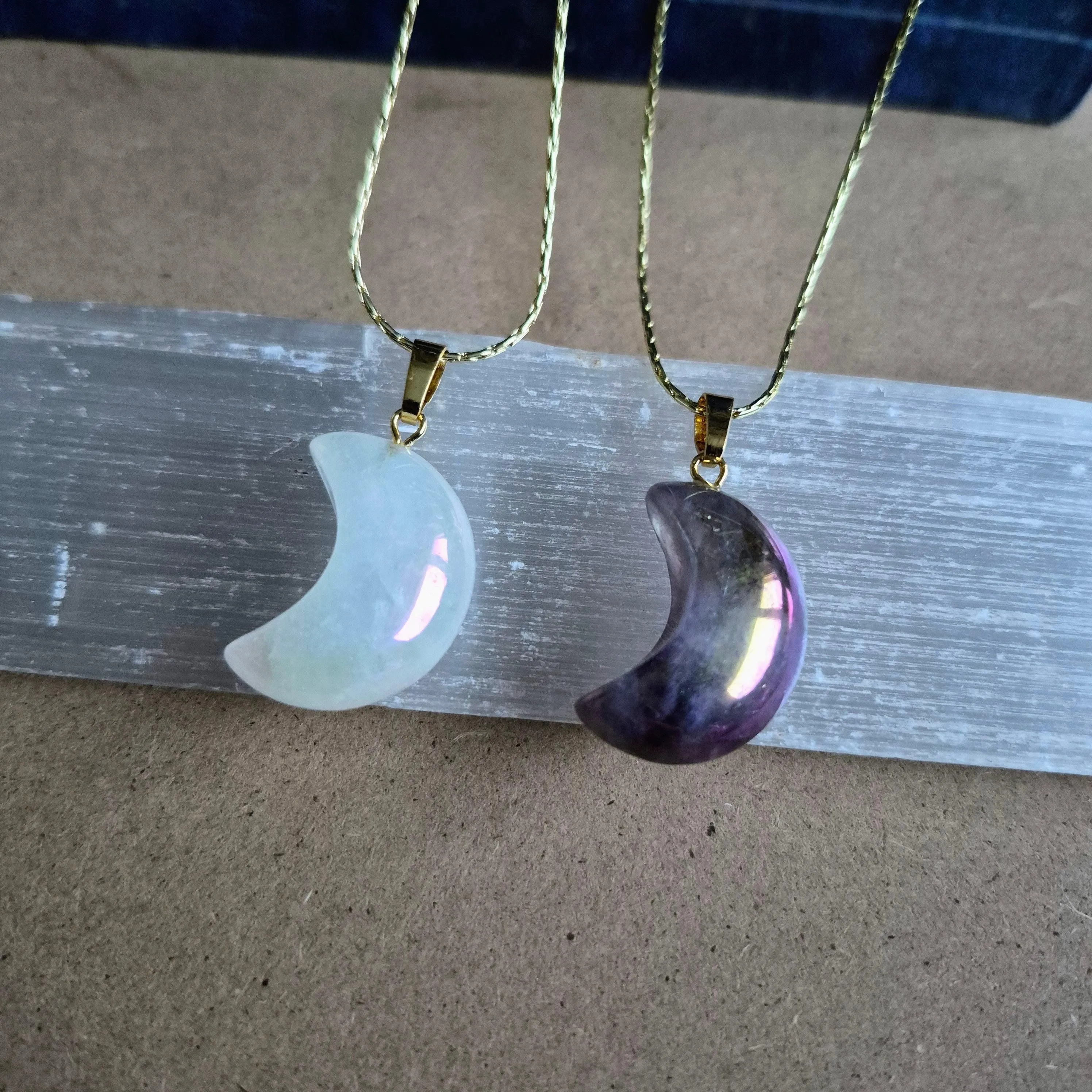 Aura Quartz moon pendant: Celstial Crystal Necklace