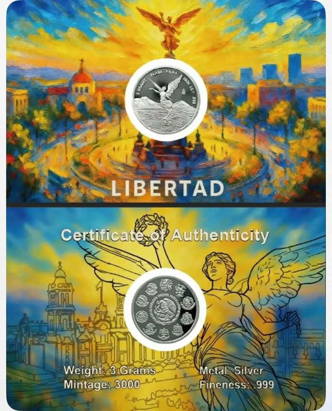 In Stock! 2026 Mexico Libertad Tribute Round 3 Gram .999 Silver Proof Art Medal in Card