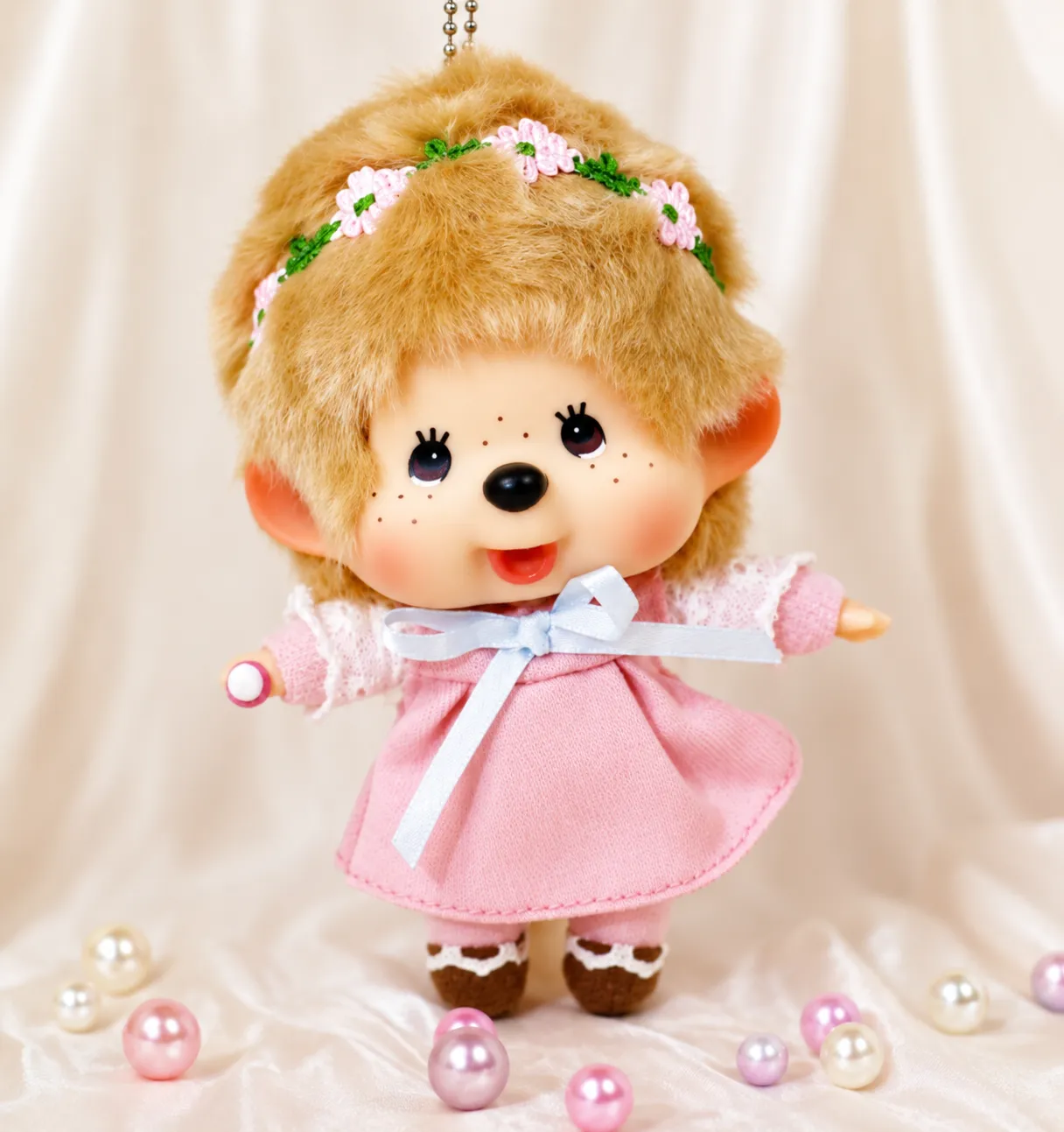 Official Monchhichi Big Head Fashion Pink Dress Girl Keychain Pendant