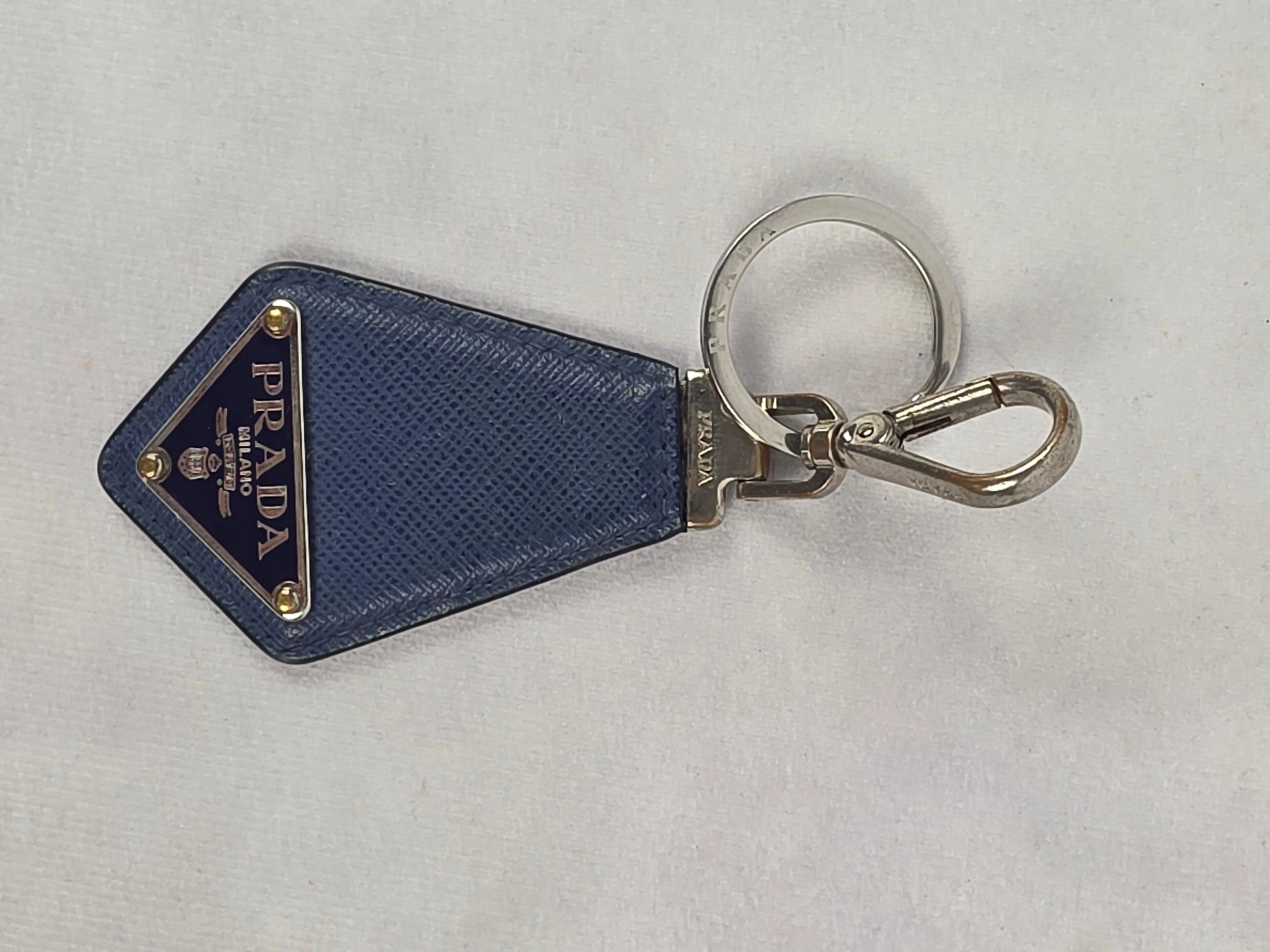 Prada Blue Saffiano Leather Triangle Logo Keychain & Bag Charm