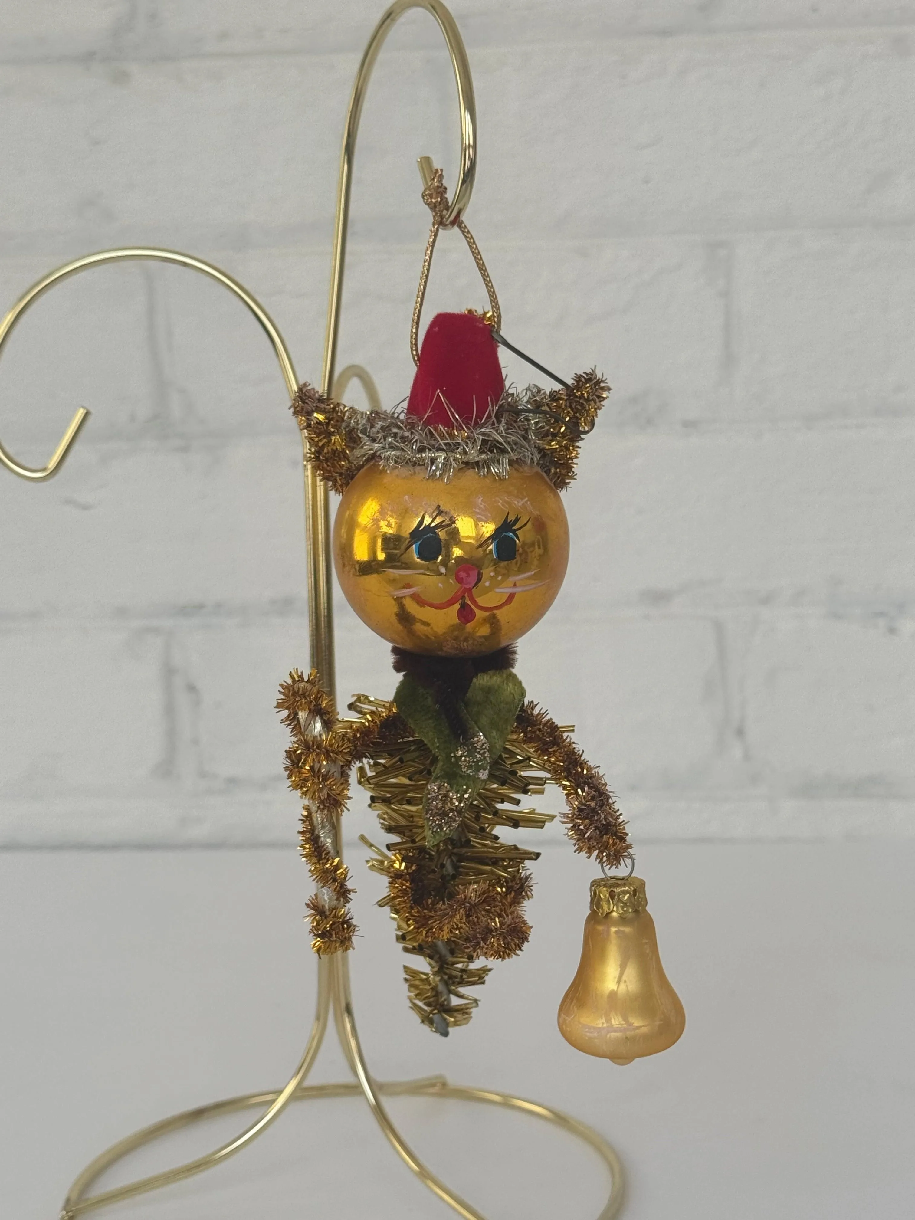 Vintage-Looking Handmade Christmas Cat Ornament Bottle Brush Mercury Glass Bell Folk Art Decoration