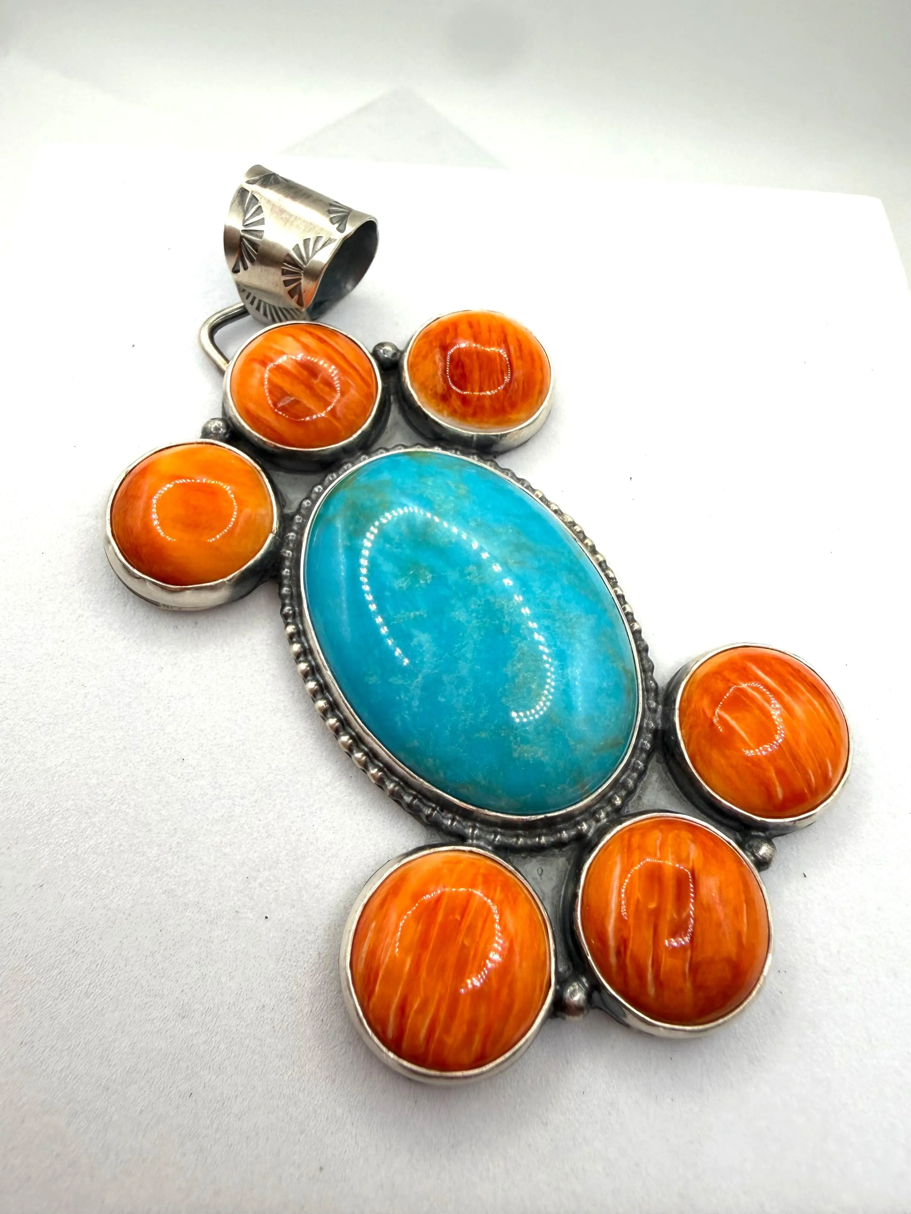 JUSTINE TSO NATIVE HANDMADE ORANGE SPINY OYSTER CLUSTER & KINGMAN TURQUOISE PENDANT 3" (LL 28)