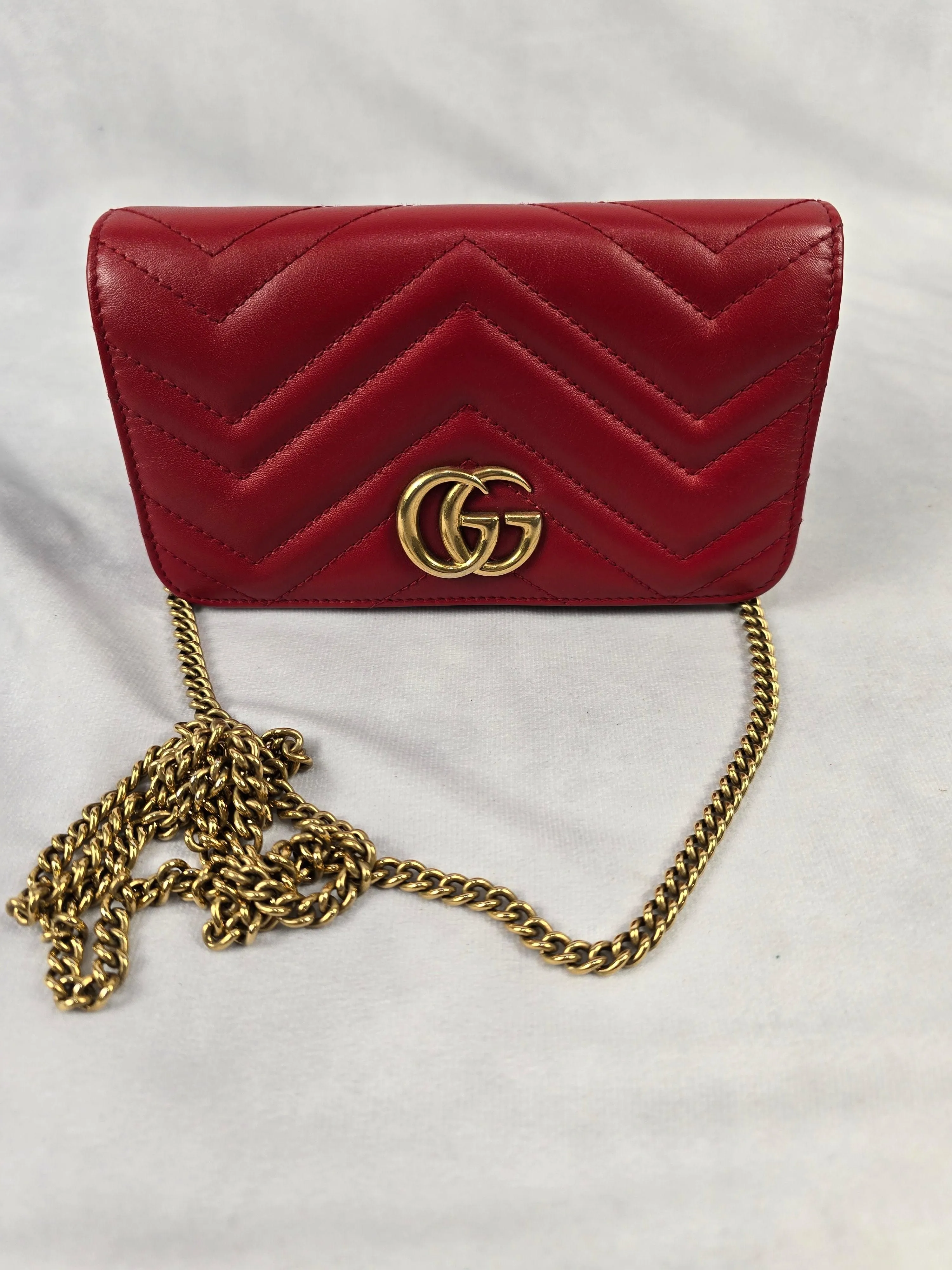 Gucci Marmont Chevron GG Chain Wallet in Red Calfskin