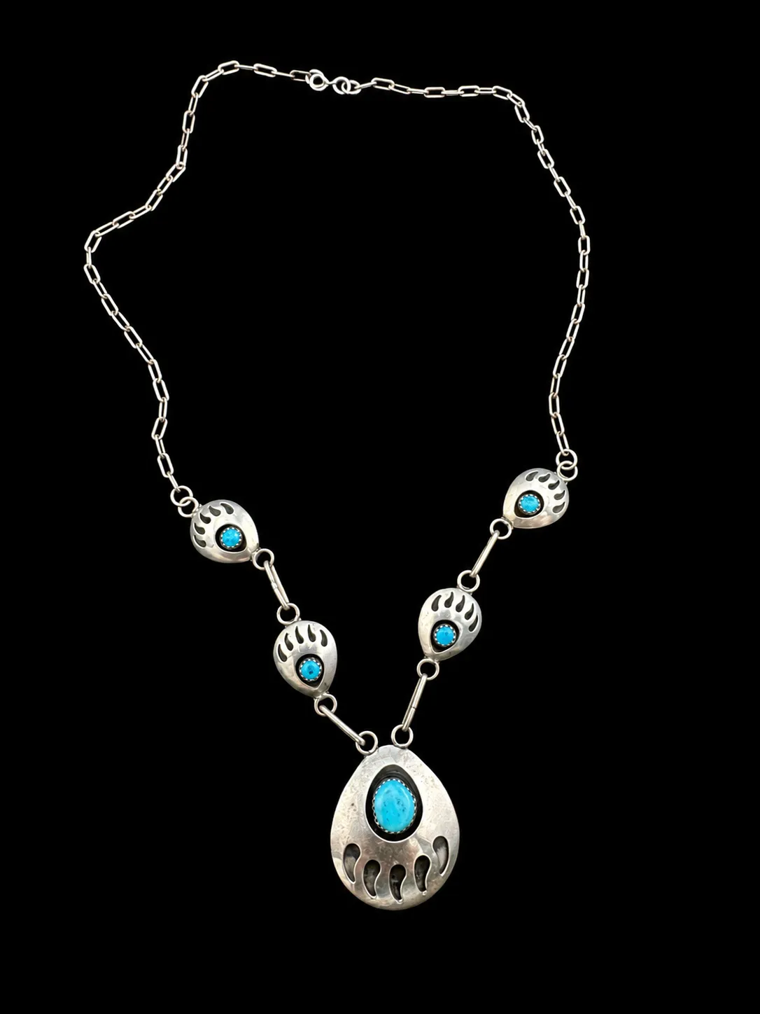 Vintage Native American Sterling Silver Turquoise Bear Paw Necklace