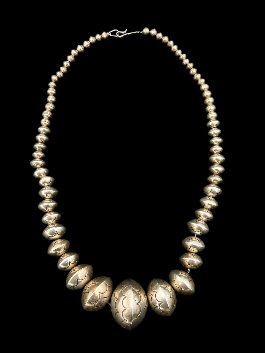 Sterling Silver Handstamped Navajo Pearl Beaded Graduated Necklace Signed "Ly"