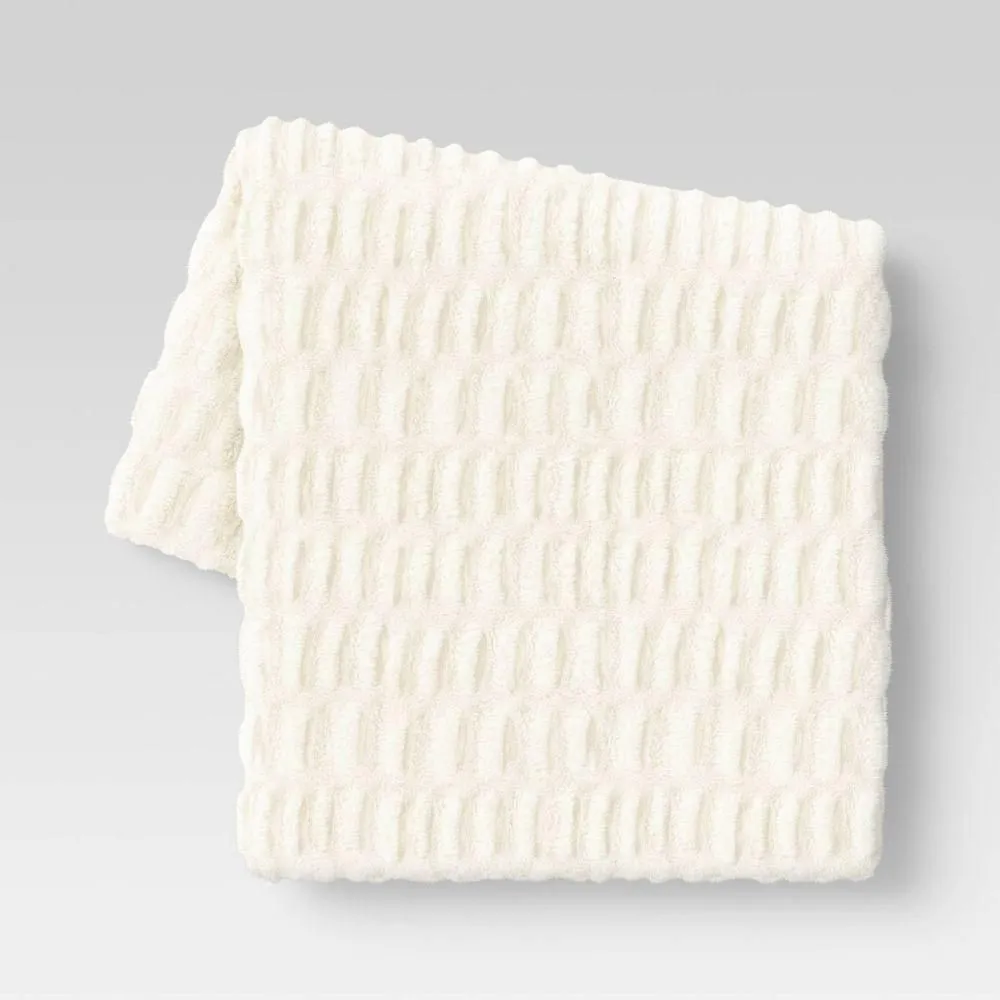 New without box - 50"x60" Ruched Faux Rabbit Fur Throw Blanket Cream - Threshold: Plush Reversible