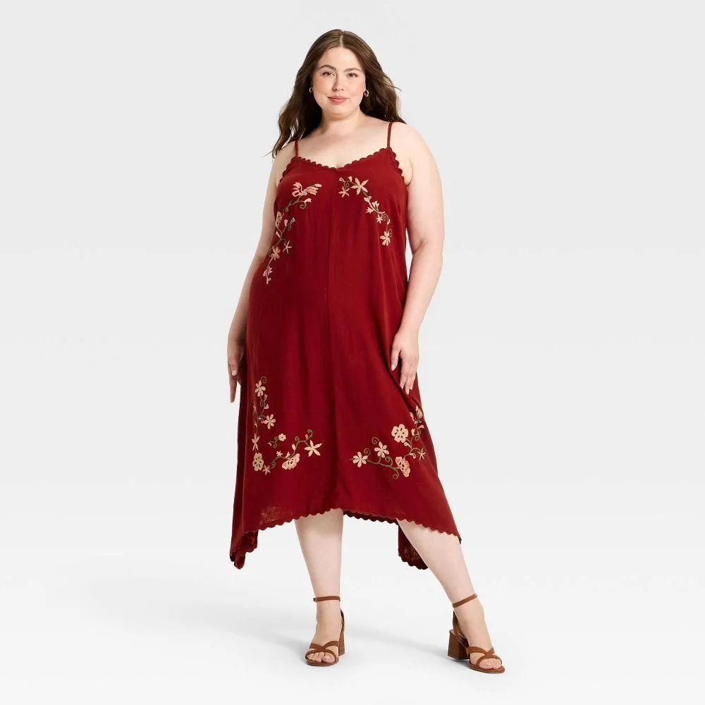 New without Tags - Women's Linen Embroidered Midi High Low Dress - Universal Thread Red 1X