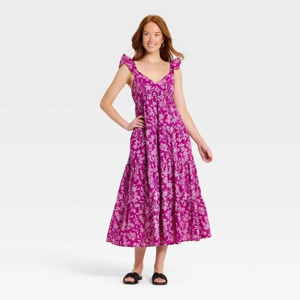 New without Tags - Women's Ruffle Sleeve Floral Print Maxi Sundress - Universal Threads Purple L