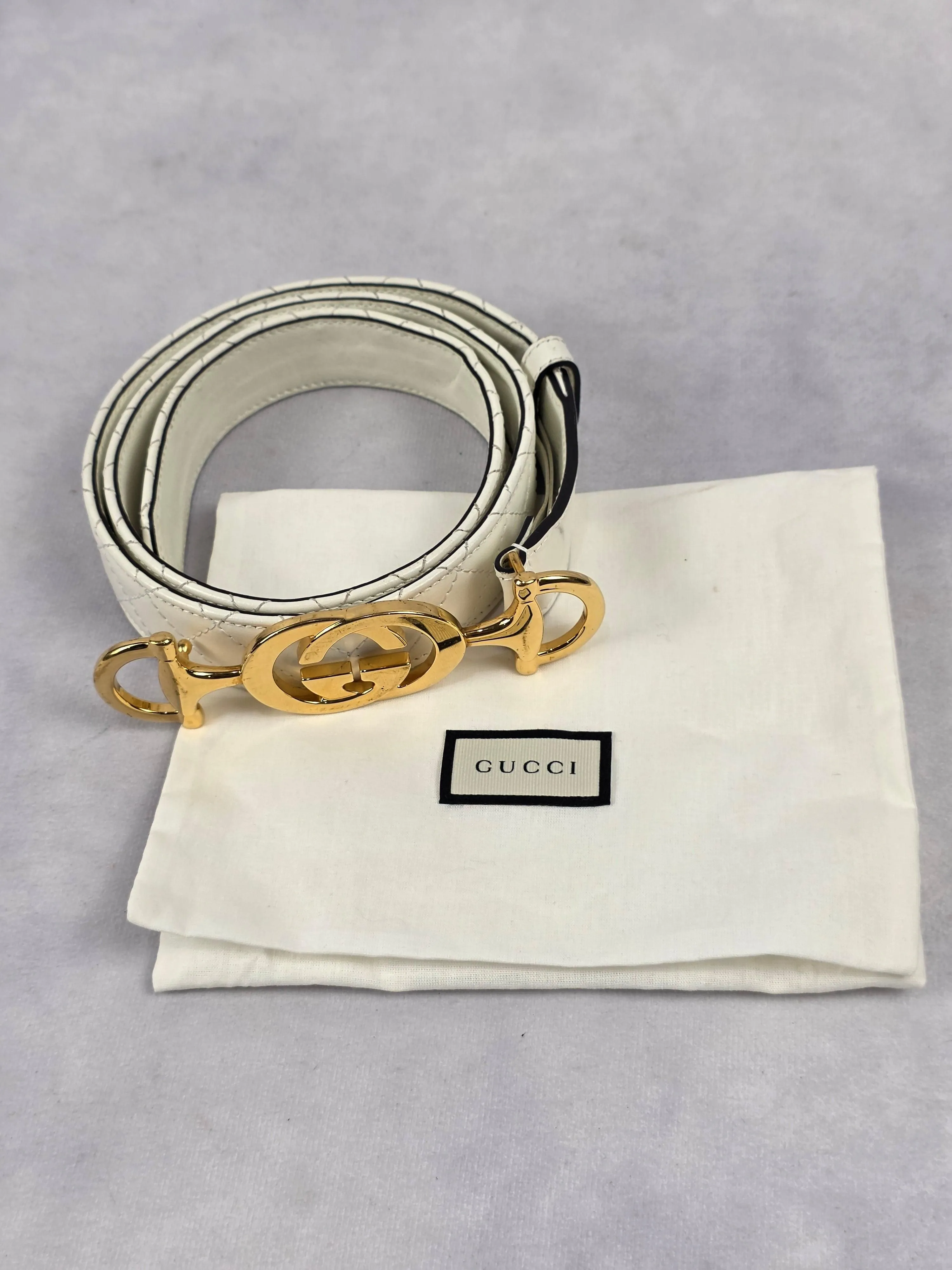 Gucci White Quilted Leather Interlocking G Horsebit Belt with Gold-Tone Hardware, 85cm/34"