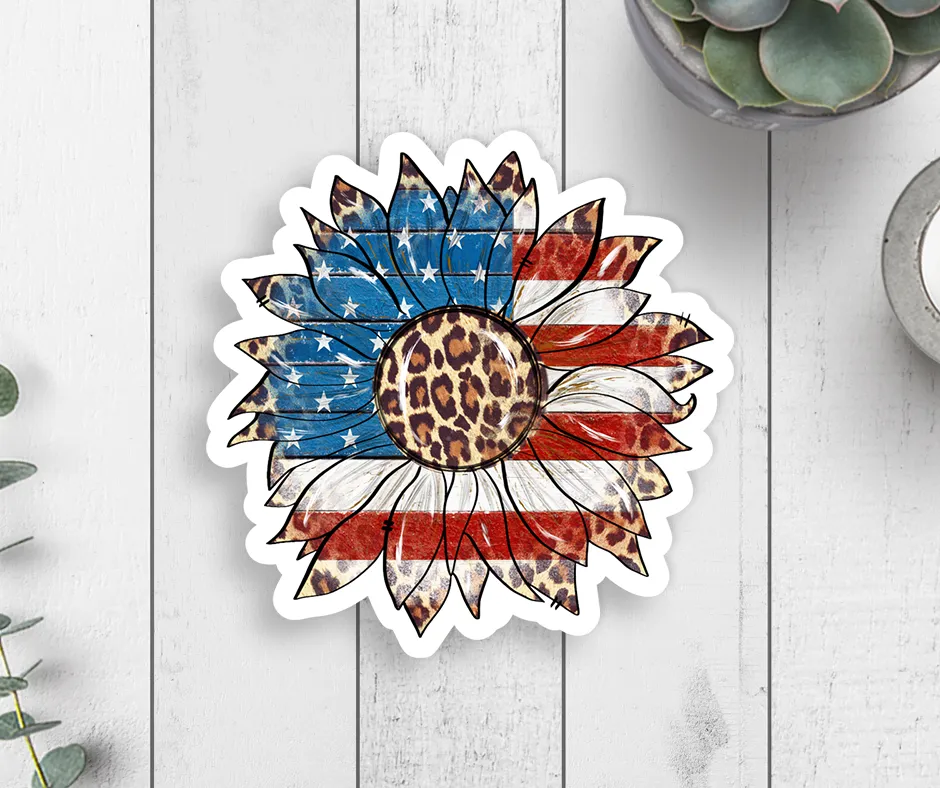 Patriotic Leopard Sunflower Vinyl Sticker