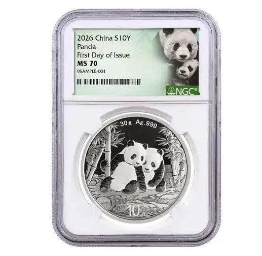 2026 China 30 Gram Silver Panda NGC MS70 First Day Of Issue W/Green Panda Label