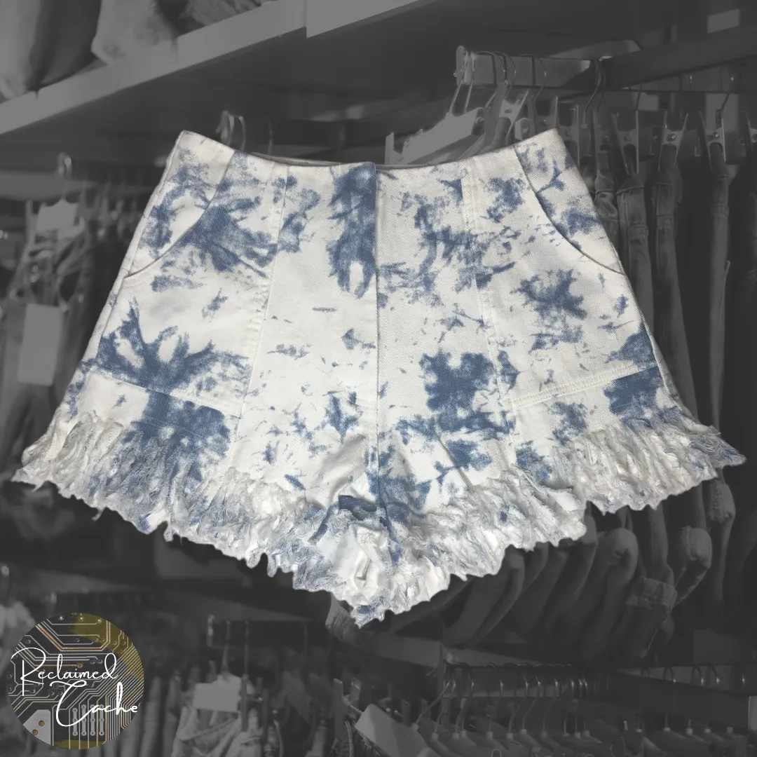 The Sang Denim Bleached High Rise Fringe Shorts  - Size Small