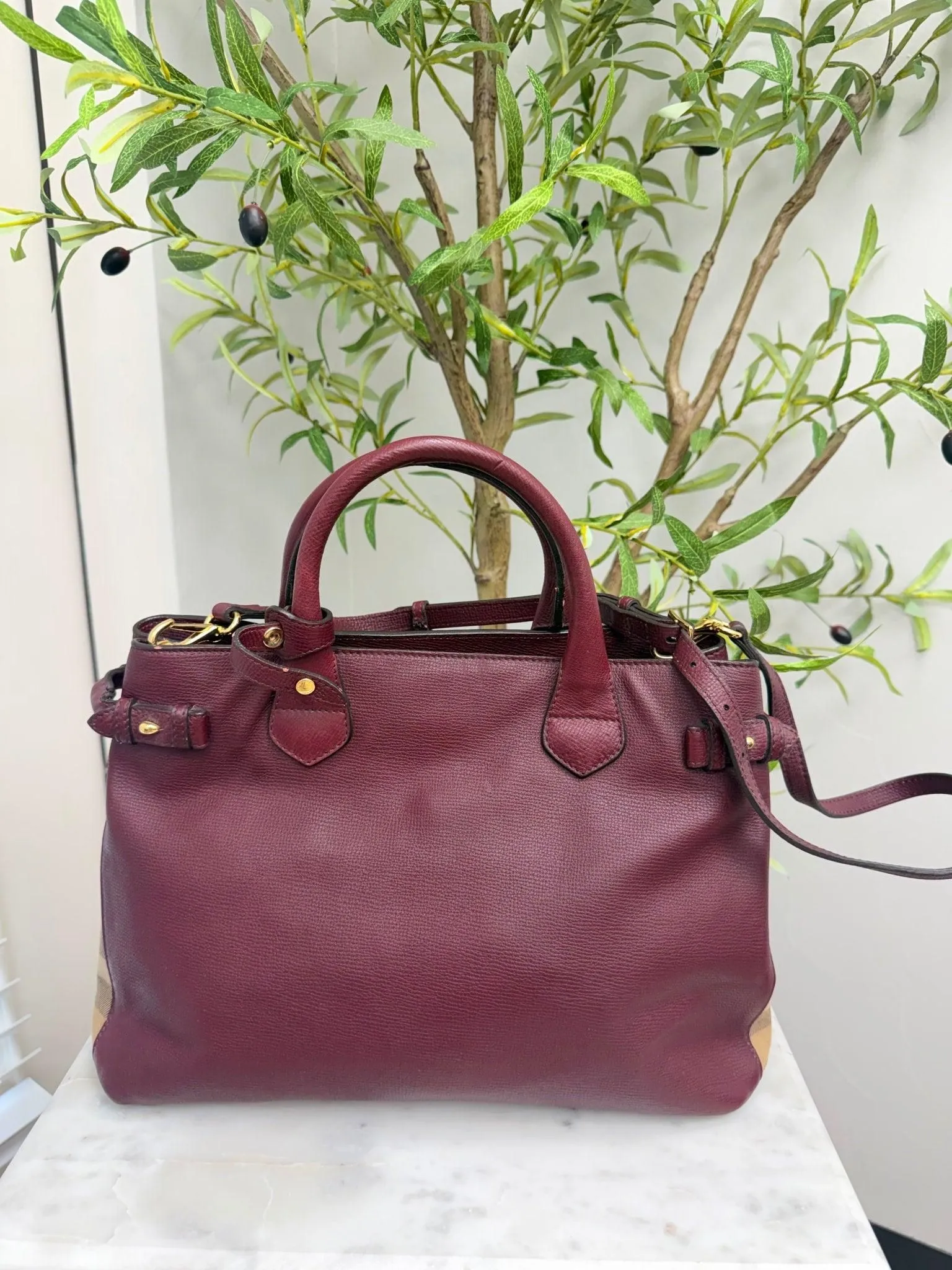 Burberry Burgundy Leather Banner Tote Bag