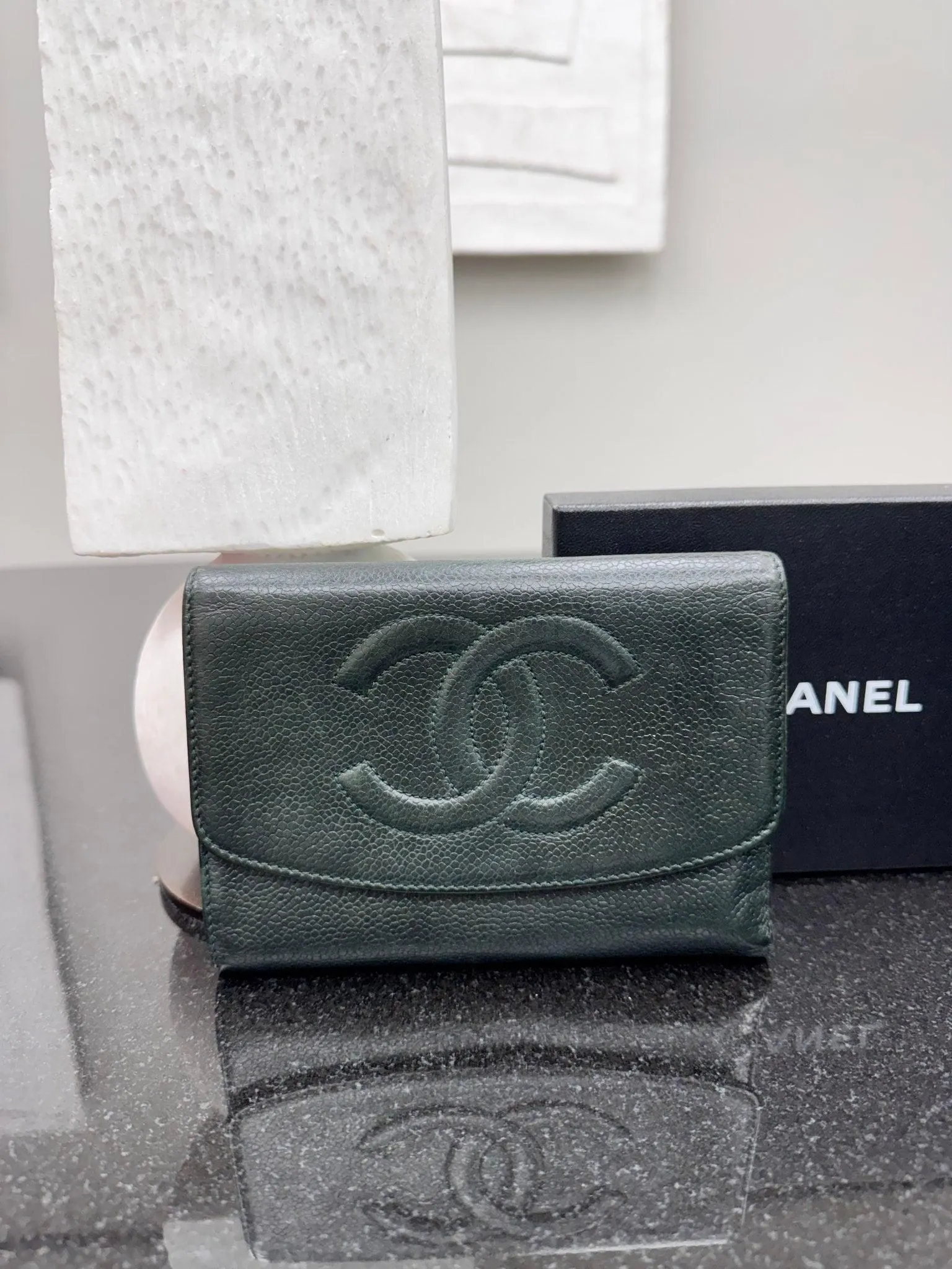 Chanel Dark Green Caviar Leather Compact Wallet