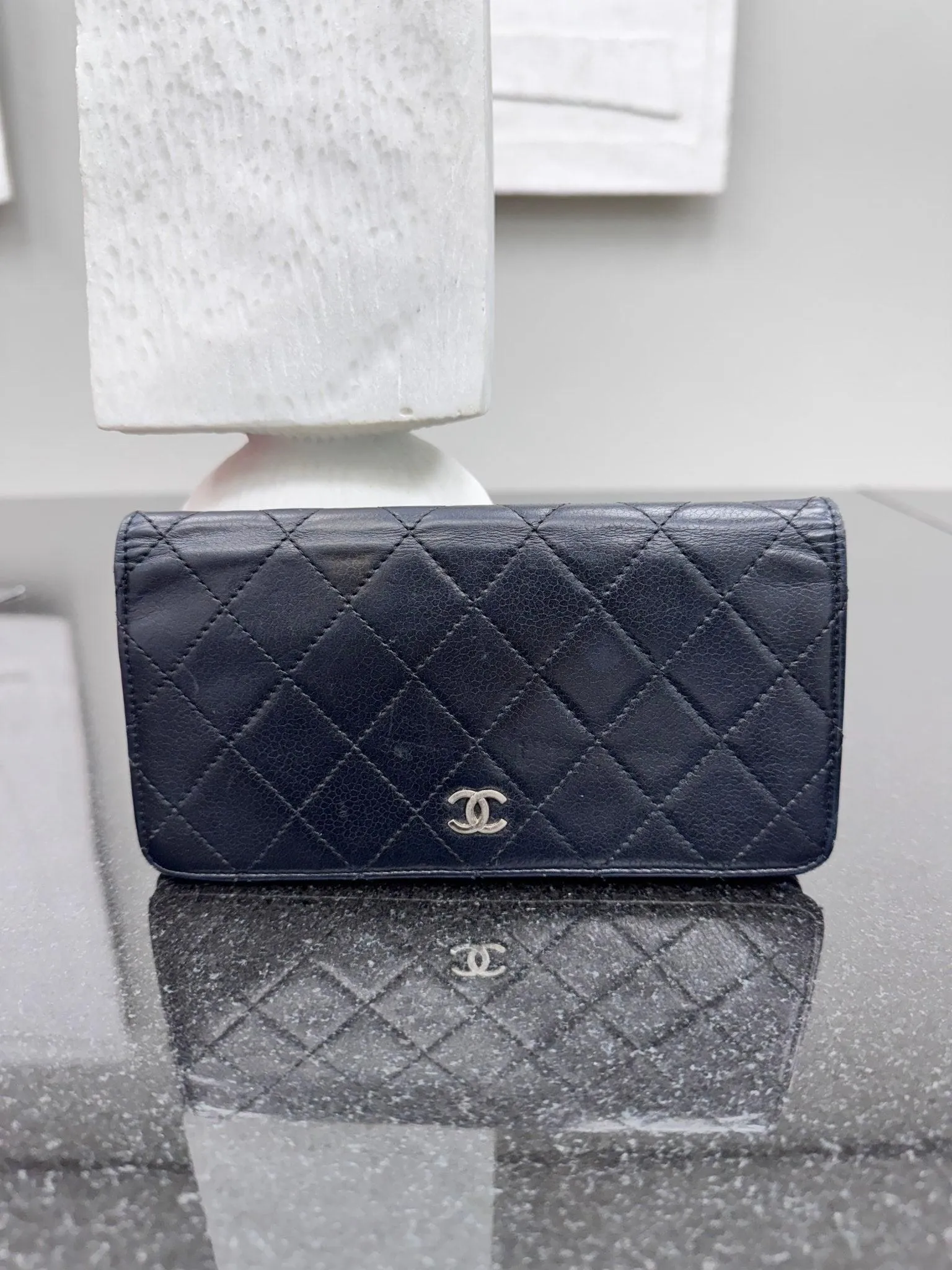Chanel Black Diamond Quilted Caviar Leather Long Wallet
