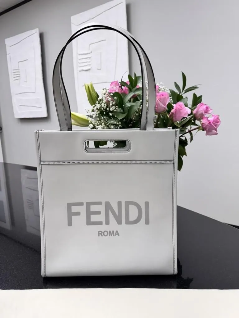Fendi Grey Leather Large Shopper Tote Bag