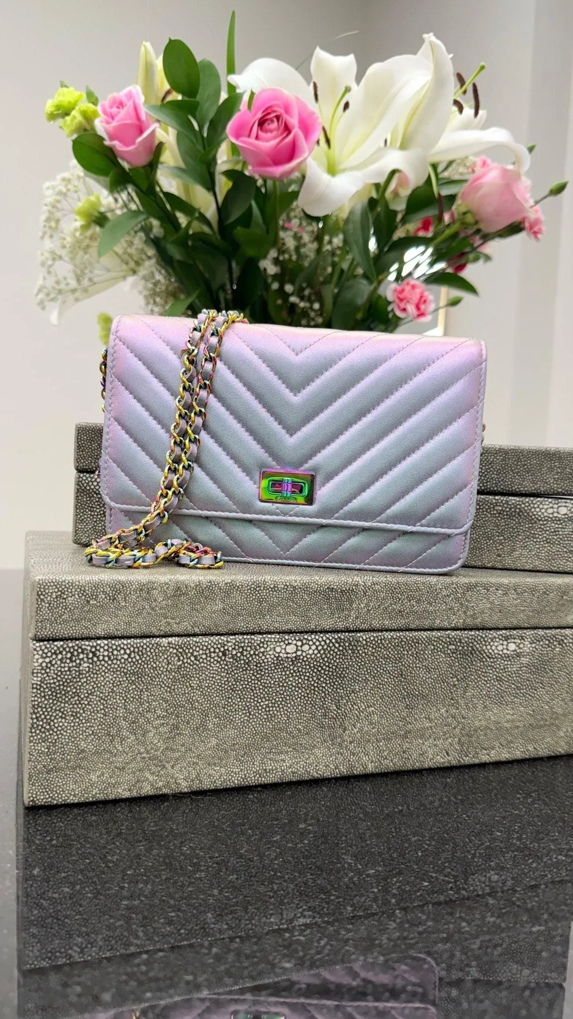 Chanel Iridescent Quilted Chevron Reissue Wallet on a Chain